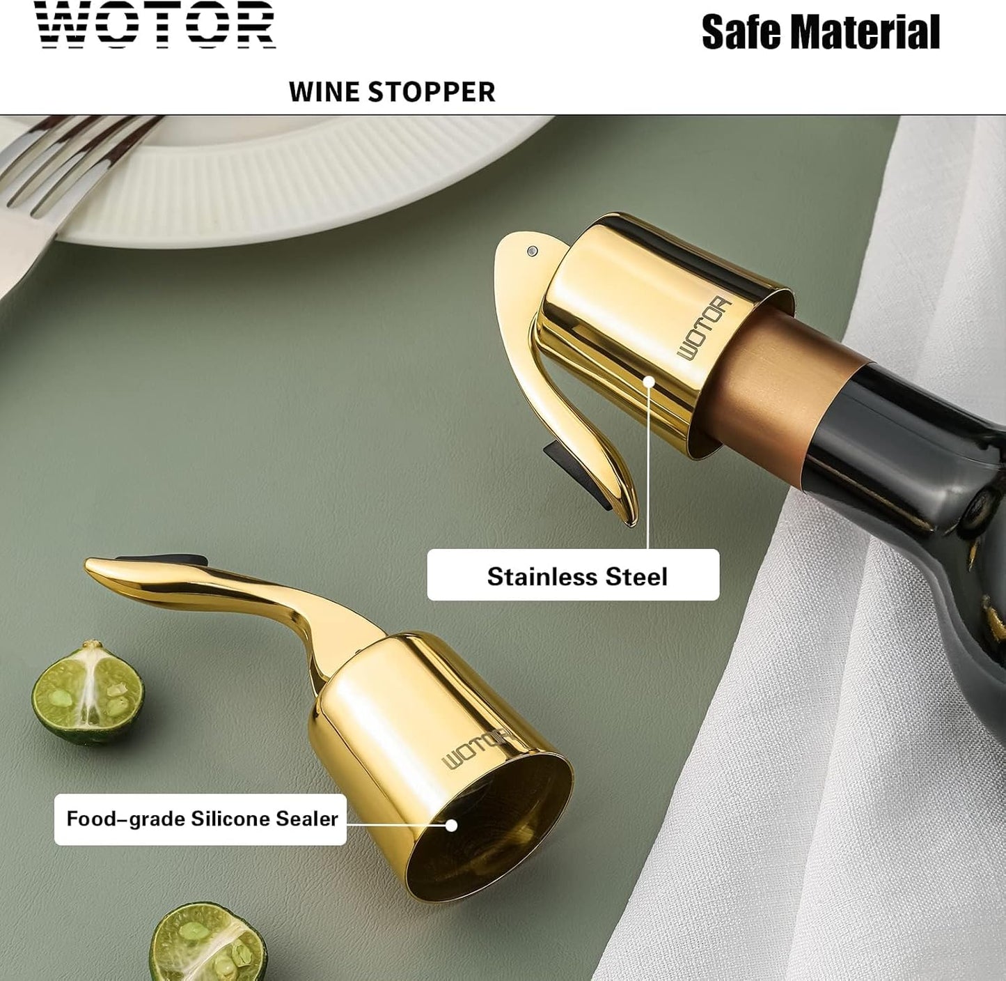 WOTOR Stainless Steel Wine Bottle Stoppers with Silicone - Reusable Wine Saver and Decorative Bottle Sealer, Leakproof, Keep Fresh, Gold, 2 Pack