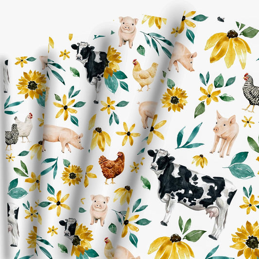 Dtiafu Farmhouse Wrapping Paper Folded Flat Cow Chicken Boho Floral Gift Wrap Bulk Cute Farm Animal Art Paper for Christmas Holiday Birthday - 20 x 28 Inch Per Sheet (6 Sheets)
