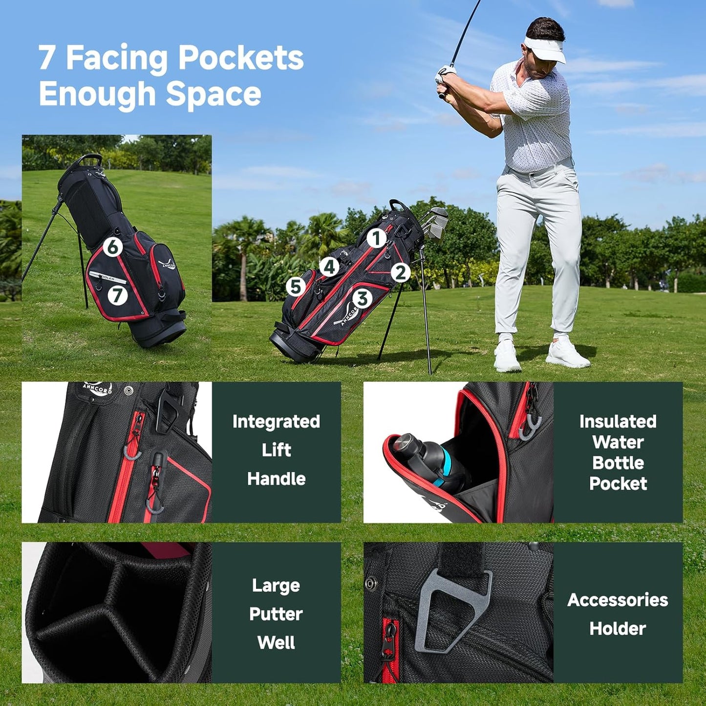 Golf Stand Bag with 4 Way Full Length Dividers, 4.4 Lbs Lightweight Golf Bag for Men Women, Waterproof Golf Carry Bags w/Stand, 7 Pockets & Cooler Pouch, Dual Straps, Rain Hood