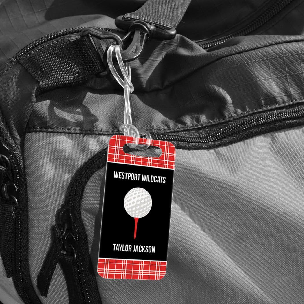 ChalkTalkSPORTS Golf Luggage & Bag Tag | Personalized Team with Golf Ball | Standard Lines on Back | Small | Red/Black