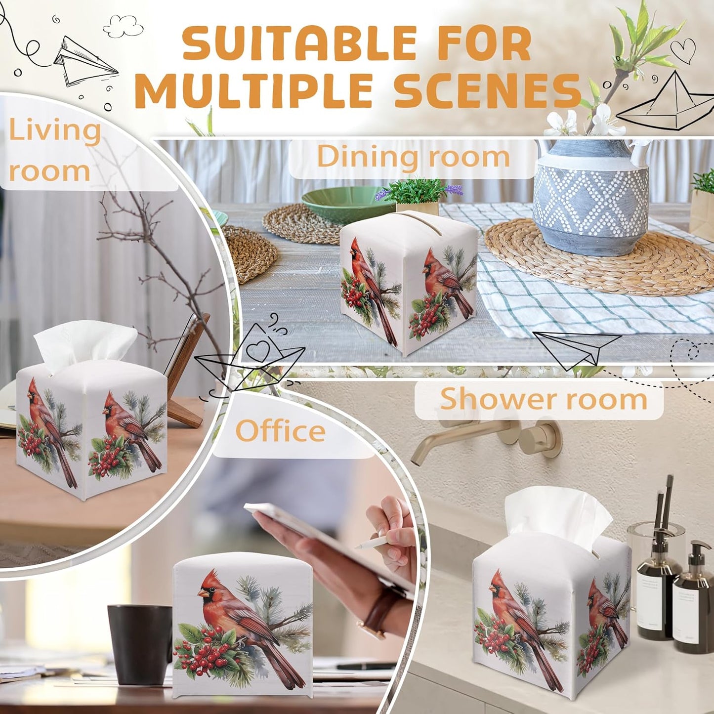 Christmas Tissue Box Holder, Christmas Cardinal Leather Tissue Box Cover Square with Bottom Belt, Paper Facial Decorative Tissues Cover for Night Stands Bathroom Office Home Decor-B11