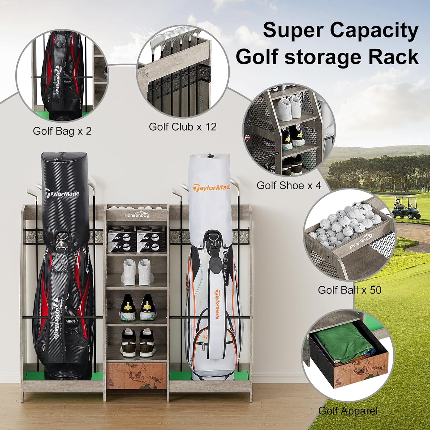 Golf Bag Storage Organizer for Garage, Premium Wooden 2 Golf Bags Rack with Drawer, Easy Assemble Golf Club Stand/Holder Suitable for Garage Home Simulator and Office