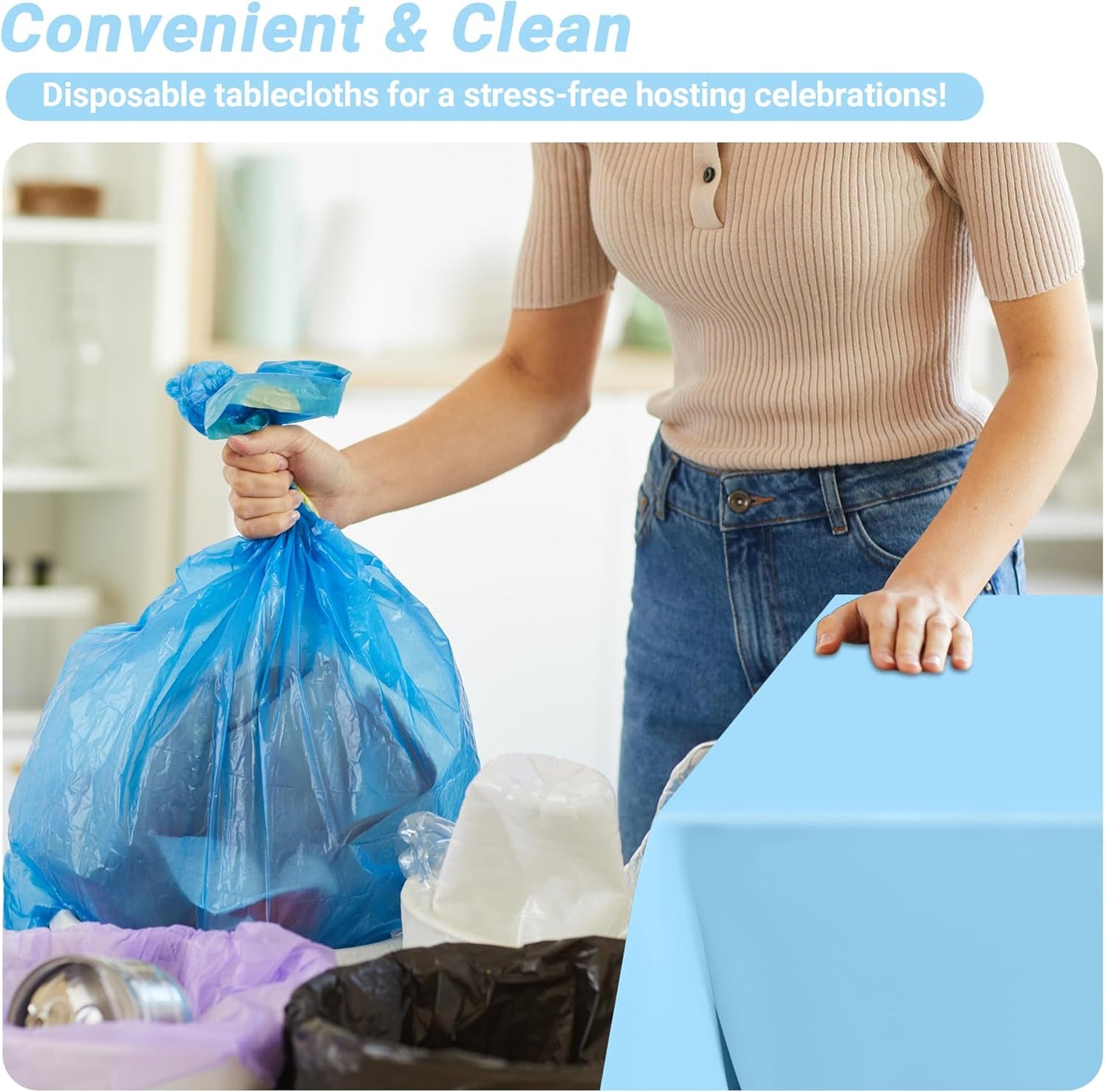 QZYL 12 PCS SkyBlue Plastic Tablecloths, 54 in x 108 in Dinner Table Cloths, Rectangle Table Cover for Birthday Party Family Gathering Wedding