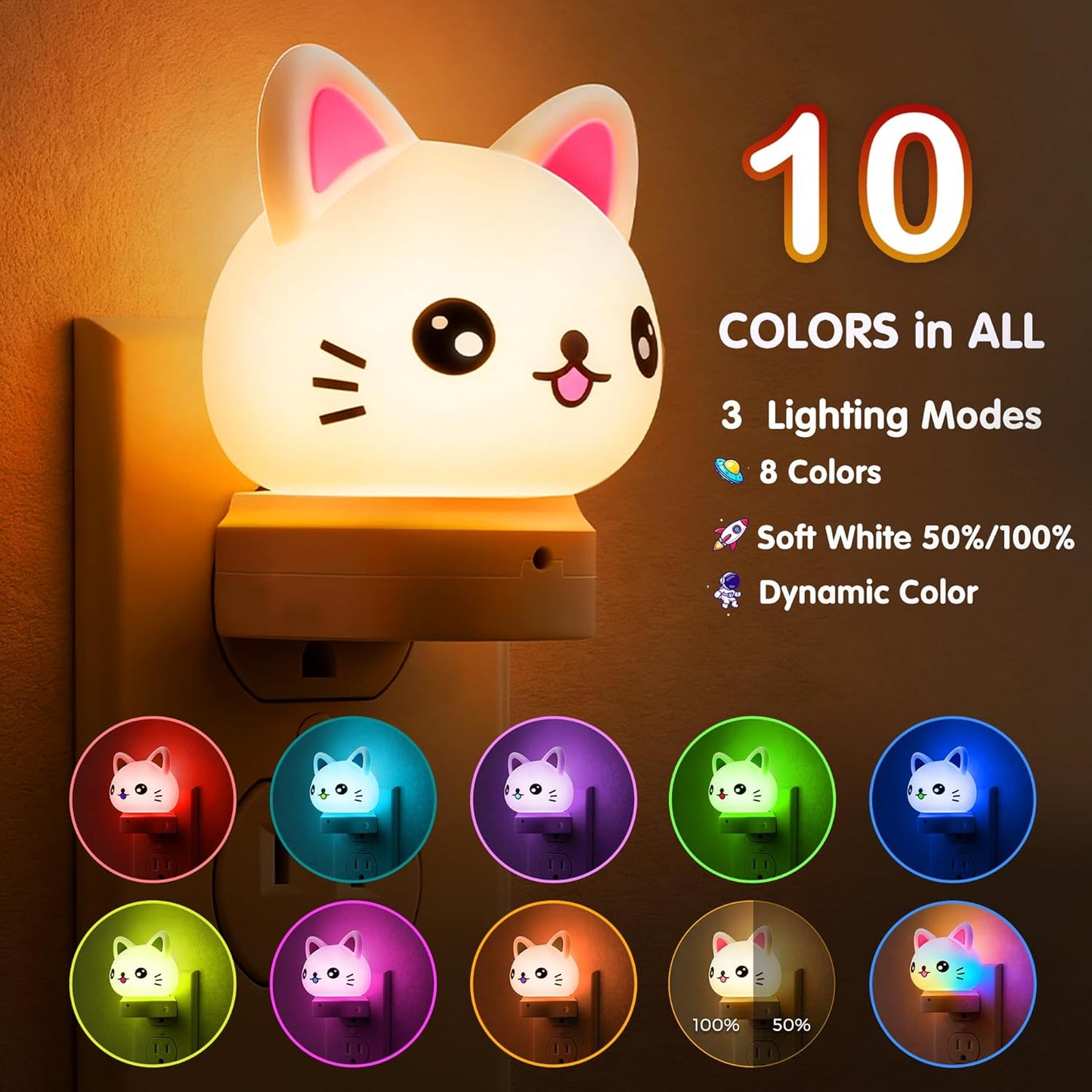 L LOHAS LED Plug in Night Light for Kids, 3D Cute Cat Night Lights with Dusk to Dawn Sensor, RGB+Soft White 3000K Cat Night Light, Christmas Birthday Gift Nightlight for Kids, Room Decor
