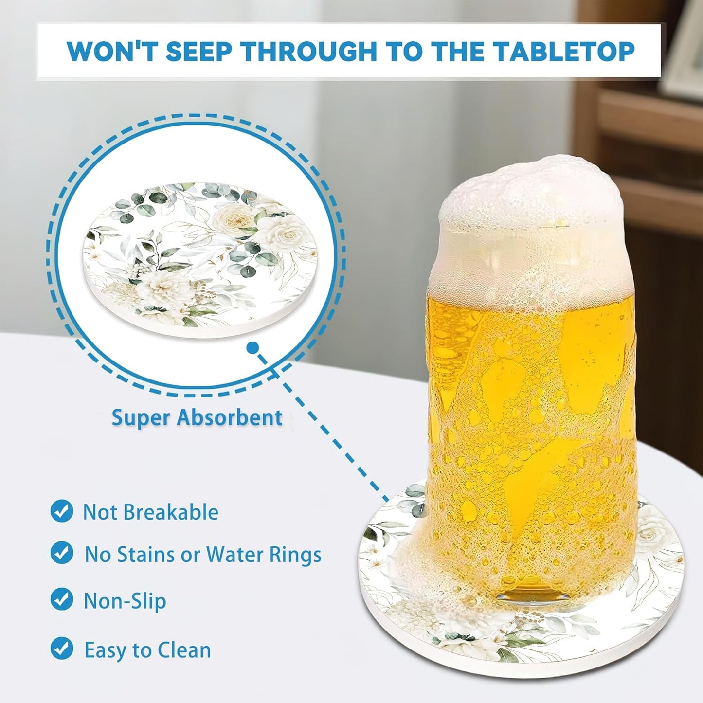 Drinks Coasters Set of 4, Green Leaves Peony Round 4" Cup Coasters, Absorbent Ceramic Stone Coasters with Cork Base, Cute Coasters for Table Home Décor, Ideal Gifts for Women Men