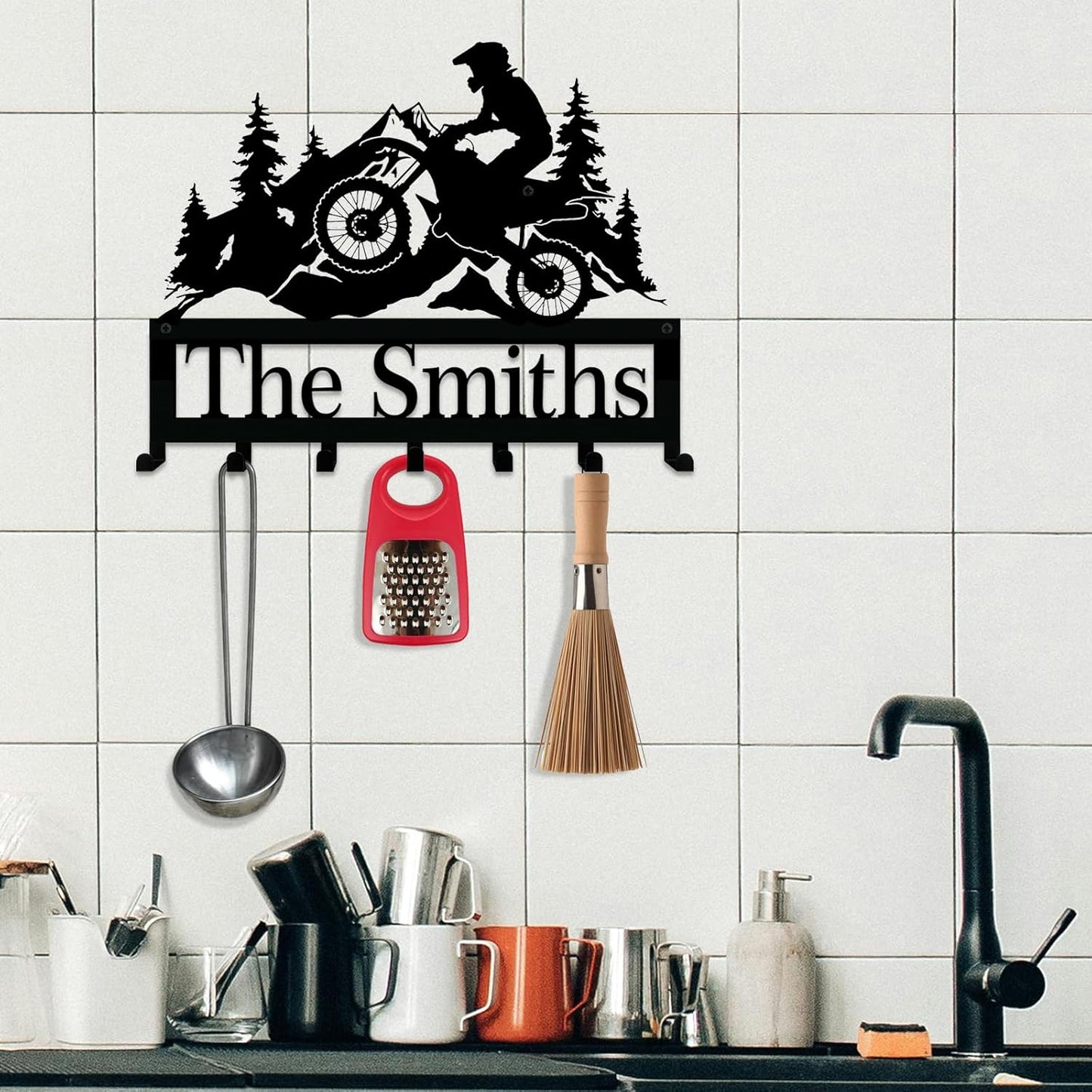 NIWAHO Personalized Dirt Bike Key Holder Wall Mount - Custom Metal Name Sign with Hooks for Garage, Motocross Room, or Entryway Decor