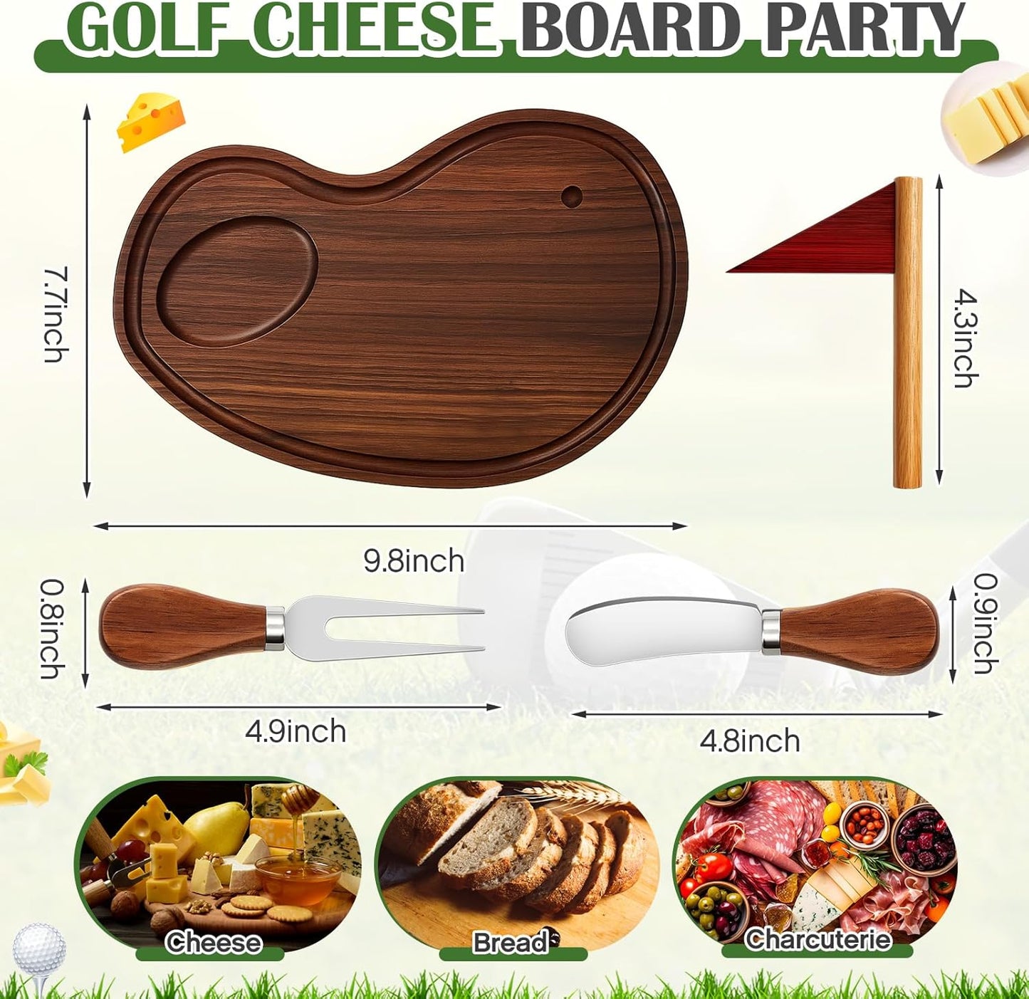 Golf Cheese Board Gift Set Party Favor Prizes Charcuterie Wood Board with Knives and Box Father Day Gift for Dad Grandpa Party Tournament Game(9.8" x 7.7", Walnut Color)