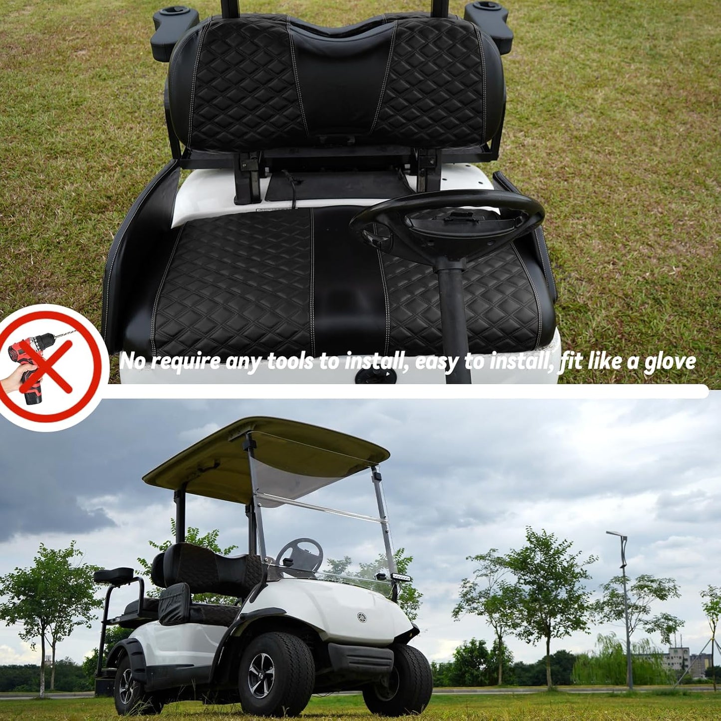 Golf Cart Front Seat Covers for Yamaha Drive 2007-2016/Drive 2 2017+ Front OEM Universal Seat Cushion, Marine Grade Vinyl Leather Seat Covers/Easy to Install-Black(2PCS)