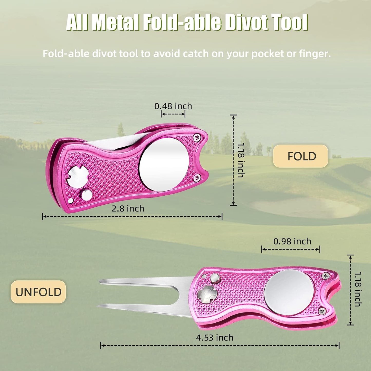 Mile High Life Golf Divot Repair Tool, All Metal Foldable Divot Tool with Pop-up Button & Magnetic Ball Marker, 2-6 Pack