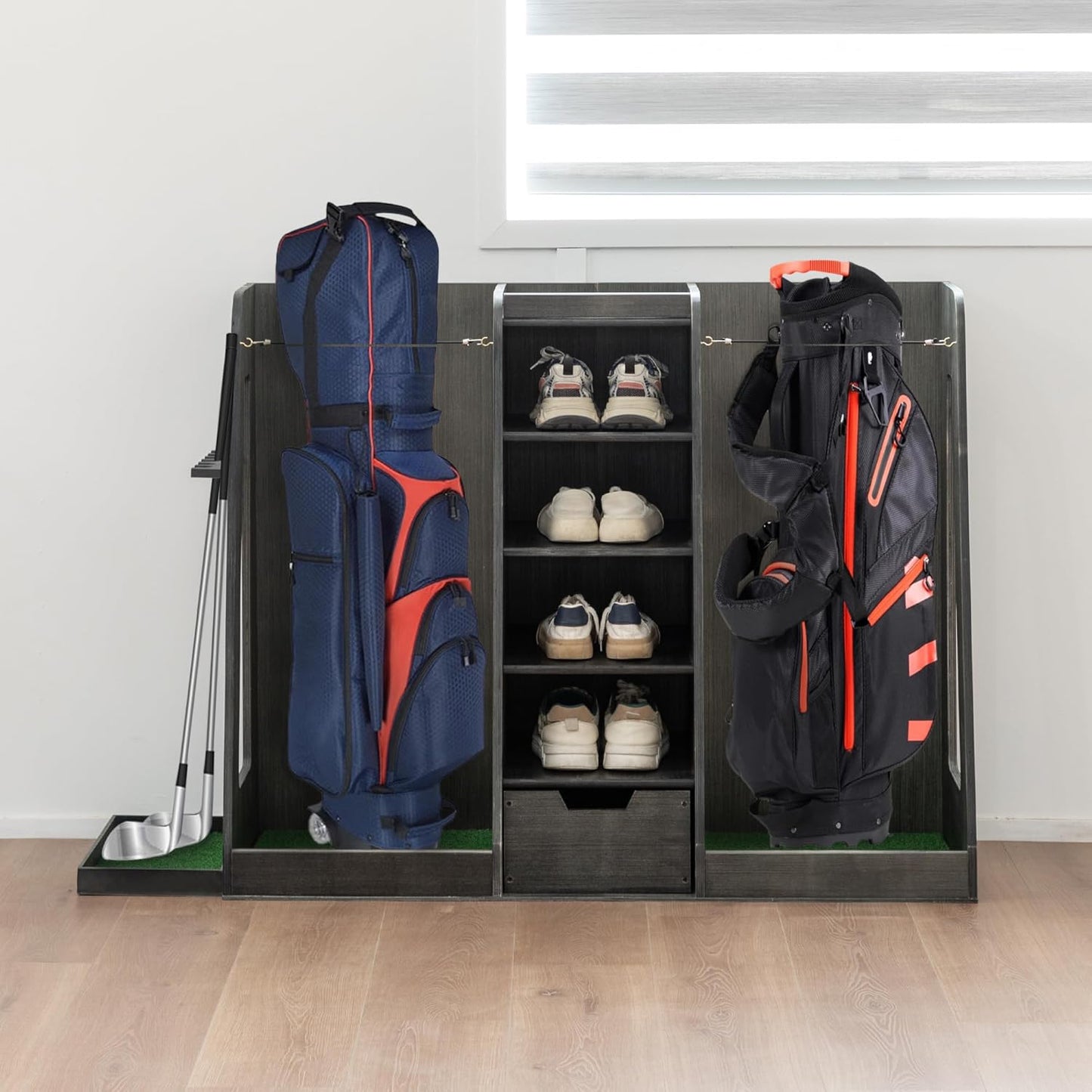 Wooden Golf Bag Organizer and Storage Rack, Wooden 2 Golf Bag Rack with Drawers, Easy to Assemble Golf Club Holder/Stand with Club Holders on Side