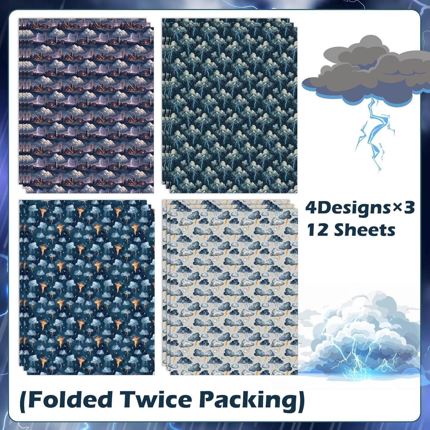 Pineraap Thunderstorm Wrapping Paper 12 Sheets Lightning & Storm Cloud Weather Themed Gift Wrap for Weather Enthusiasts,Meteorologists,20"×28"