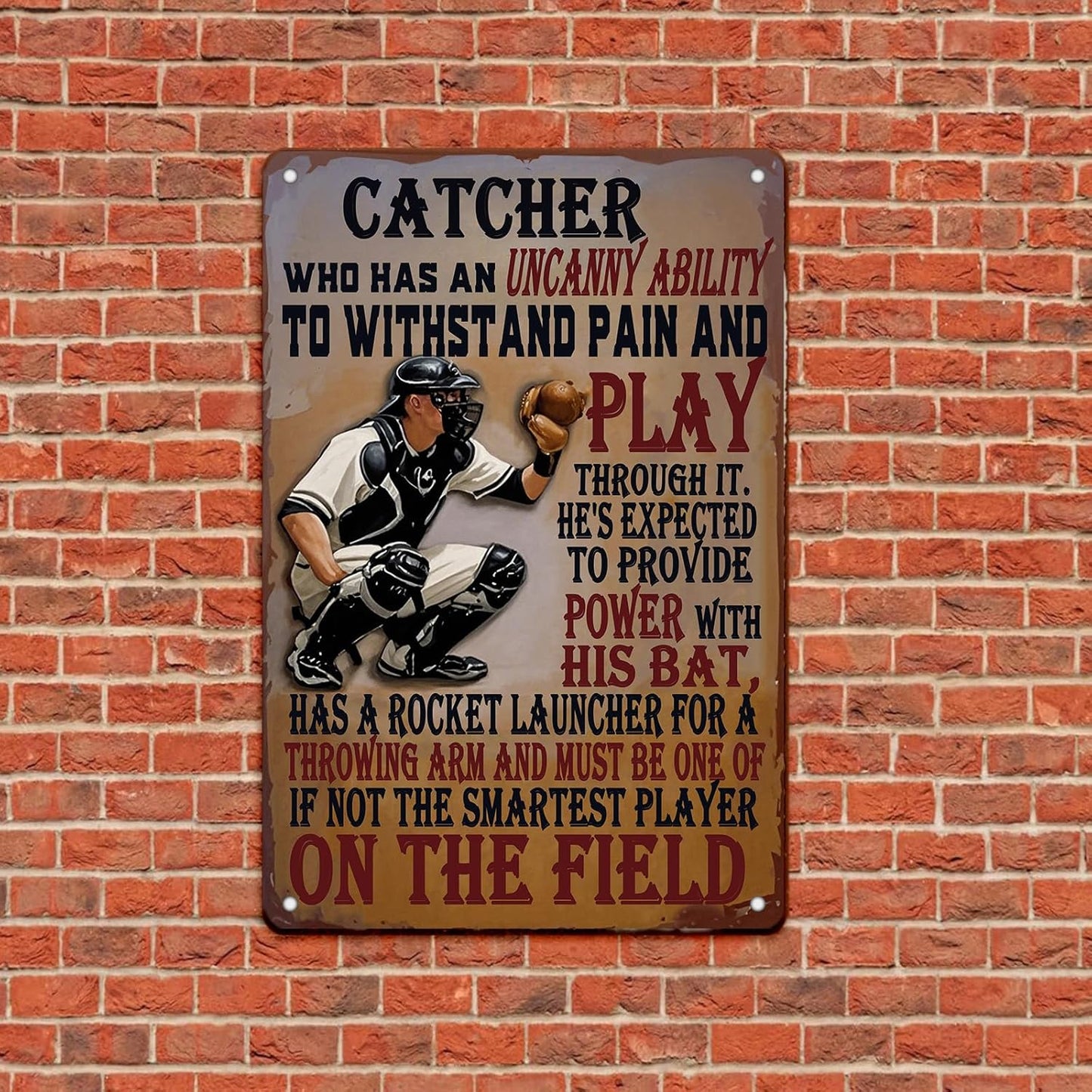 Baseball Catcher Metal Tin Sign Baseball Catcher Funny Sign Home Kitchen Wall Decor 8x12 Inch Funny Plaque