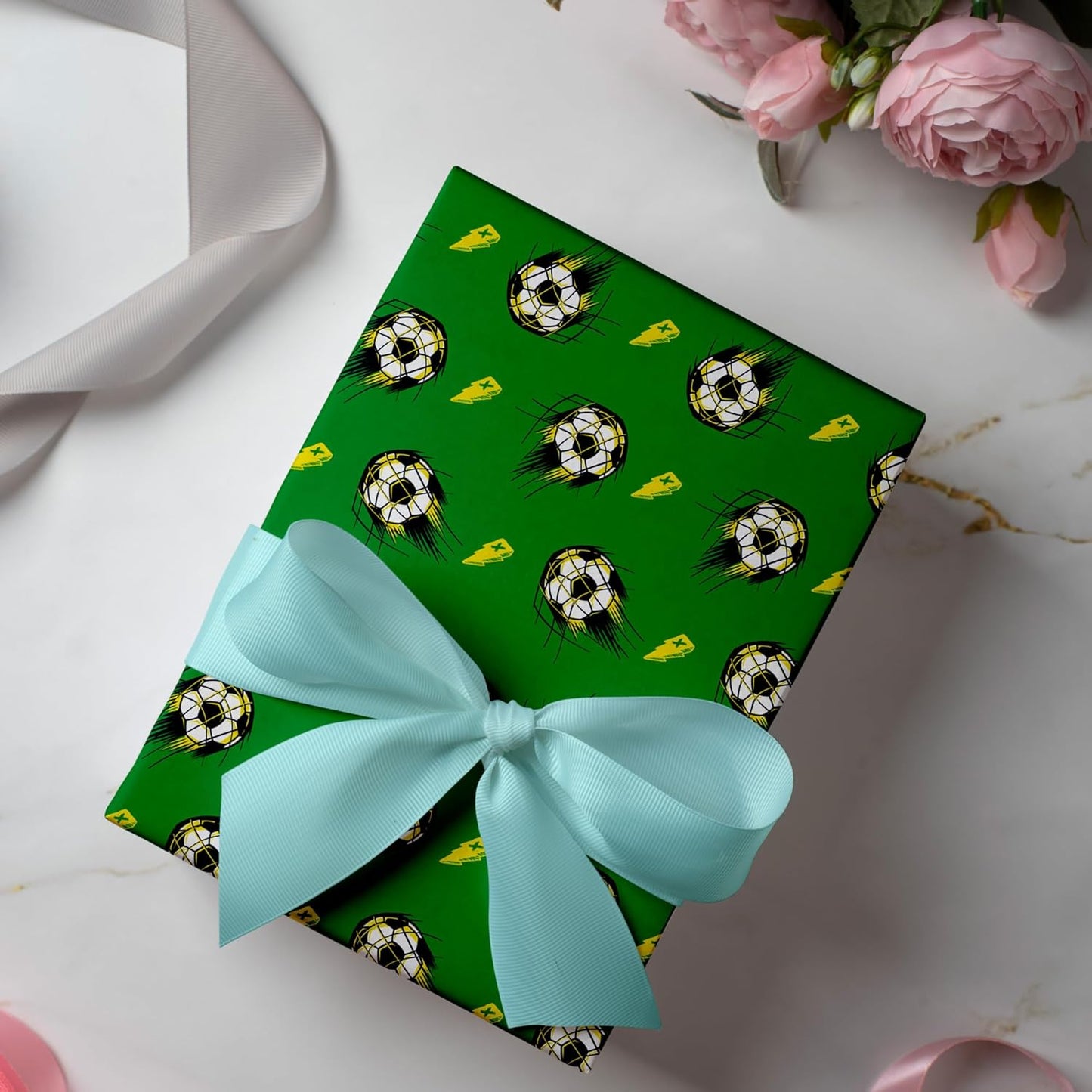 WAPLIGHAL Soccer Wrapping Paper - Green Background with Dynamic Soccer Ball and Lightning Bolt Design - 28 x 40 Inches - Perfect for Birthdays, Holidays, and Sports Events