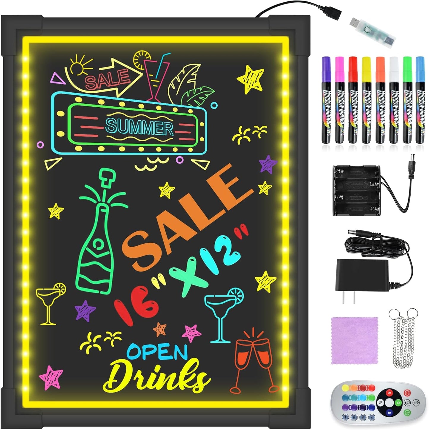 Hosim LED Message Writing Board, 16"X 12" Illuminated Erasable Neon Effect Restaurant Menu Sign with 8 Colors Markers, 7 Colors Flashing Mode DIY Message Chalkboard for Kitchen Wedding Promotions