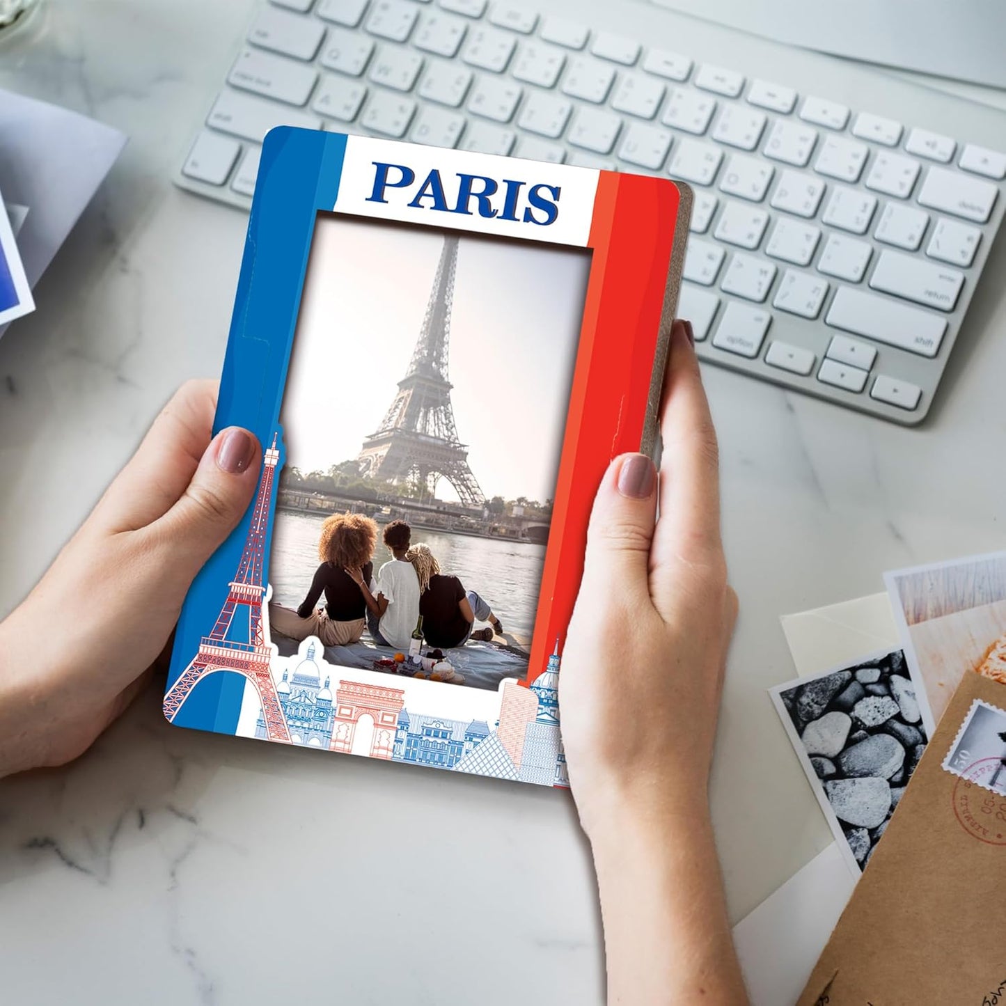 Paris Travel Picture Frame, 5 x 8 Paris Themed Wooden Photo Frame with Stand, Vacation Anniversary Honeymoon Gifts For Friend Family Couples, Home Office Desk Decorations-A19
