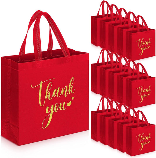 Sweetude 30 Pcs Thank You Gift Bags with Handles Bulk Reusable Goodie Bag Non Woven Foldable Handbag for Graduation Wedding Bridesmaid Gifts(11 x 12 x 5 Inch,Red)