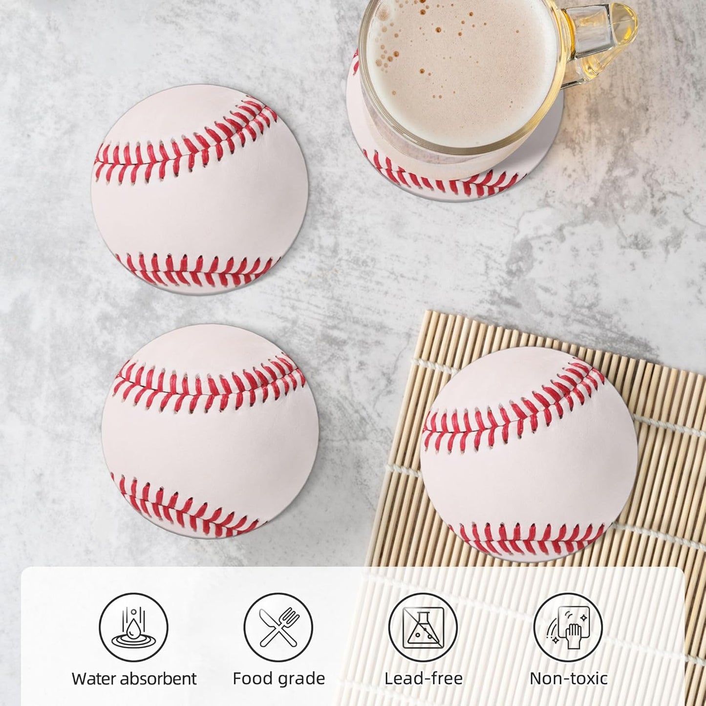 Baseball Ball Coasters for Drinks Set of 4, Absorbent Ceramic Drink Coasters for Coffee Table Wooden Table Cup Bar, 4 Inches