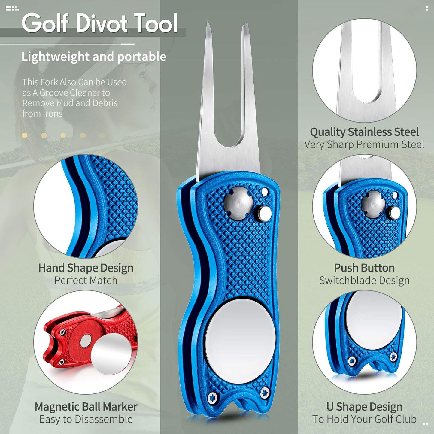Skylety 4 Pcs Golf Divot Repair Tool Metal Foldable Golf Divot Tool with Magnetic Pop-up Button Ball Marker Stainless Steel Switchblade for Golfers Prizes