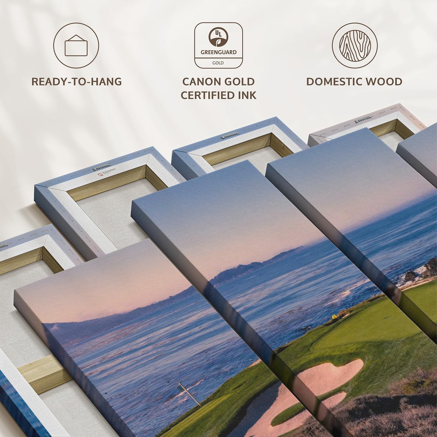 ElephantStock Pebble Beach Golf Club Wall Art - Horizontal Canvas - 4-Piece Living Room Wall Decor - Luxury Photography Canvas Print - Beige and Blue Decor for Wall - 36" X 22"