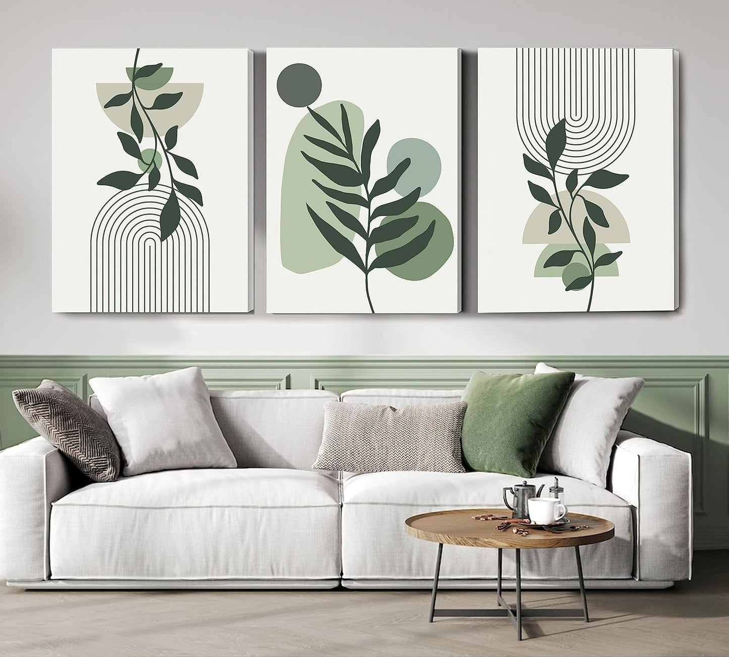 Induslyfe Large Framed Boho Canvas Wall Art Set of 3, Mid Century Modern room Decor, Minimalist Sage Green Botanical Boho Bathroom wall art 18x24 Abstract Geometric Canvas Prints Ready To Hang Bedroom