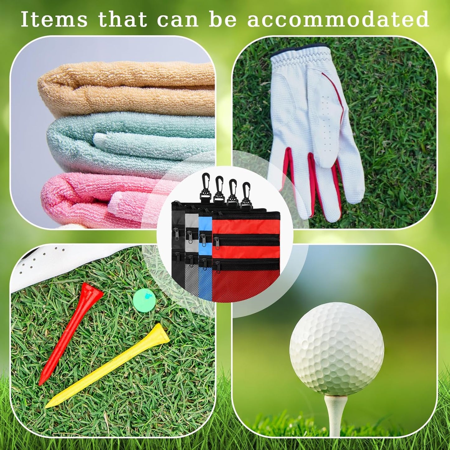 4 Pcs Golf Tee Holder 3 Zippered Golf Pouch Bag for Valuables Portable Ball Accessory Pouch for Men with Clip to Bag for More Storage, Easy Access, Black, Red, Blue, Gray
