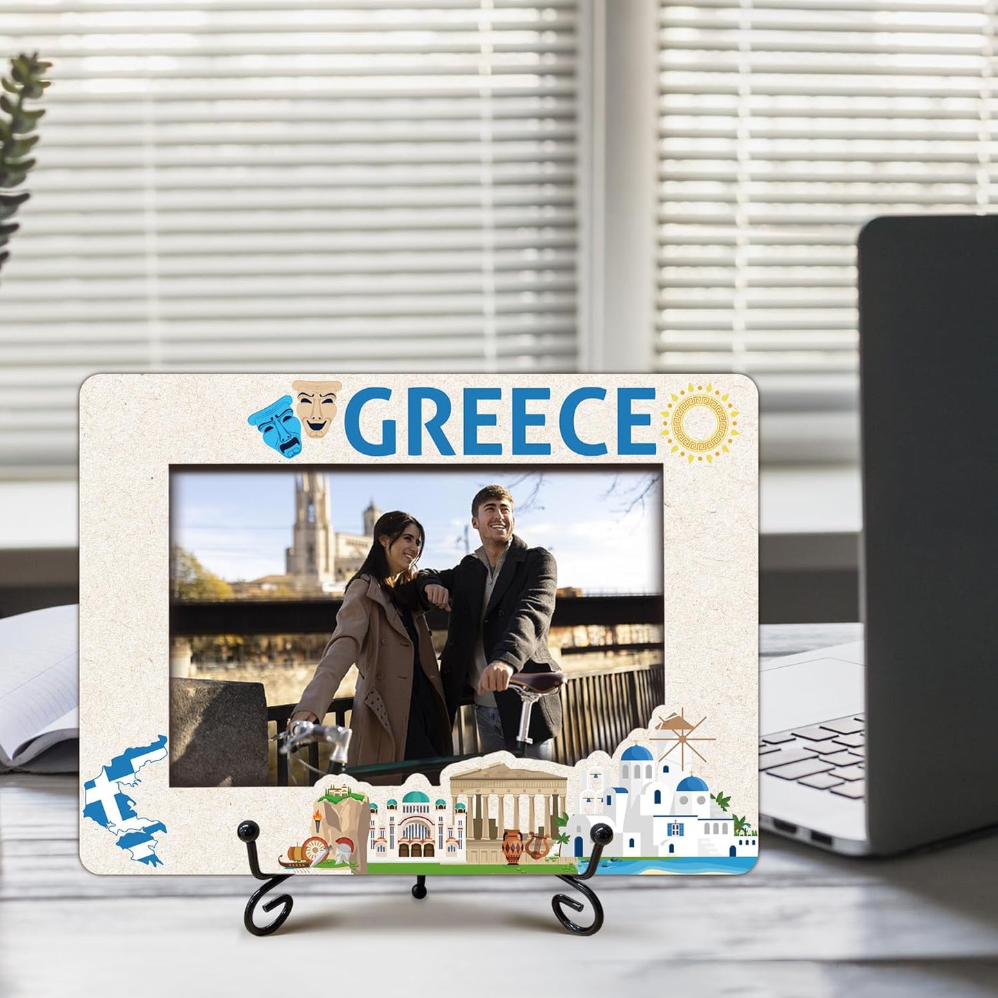 Greece Travel Picture Frame, 5 x 8 Greece Themed Wooden Photo Frame with Stand, Vacation Anniversary Honeymoon Gifts For Friend Family Couples, Home Office Desk Decorations-A15