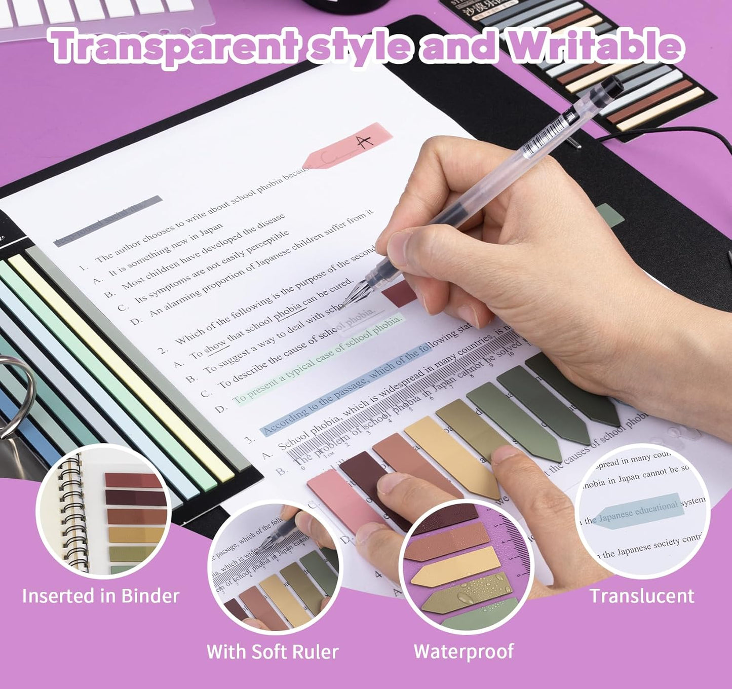 Sticky Tabs for Annotating Books,1260pcsTranslucent Self-Sticky Morandi Book Tabs for Binders,6 Styles Page Markers Writable&Repositionable Book Flags Strip for Journal Office School Stationery