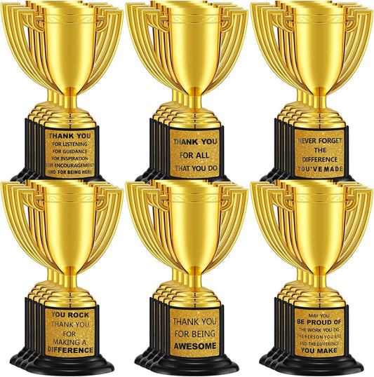 Highergo 24 Pcs Mini Trophies Awards Plastic Gold Trophy Cups Party Favors Adults Metal Trophy with Stickers for School Football Golf Sports Competition Staff Reward Appreciation Gifts