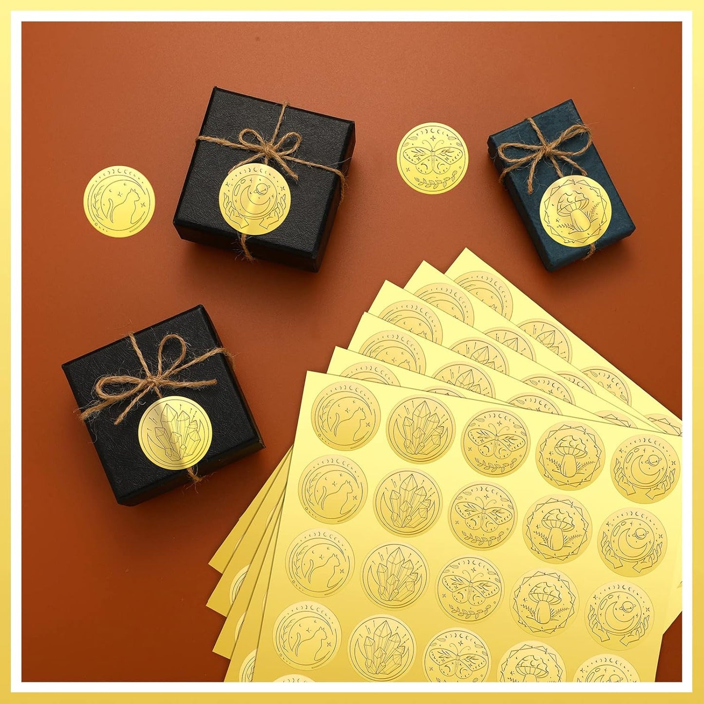 Chinco 500 Pieces Gold Embossed Envelope Seals Stickers Adhesive Seal Stickers Vintage Embossed Foil Certificate Kit Plant DIY Labels for Wedding Invitations Envelopes, 5 Patterns(Witchcraft Style)