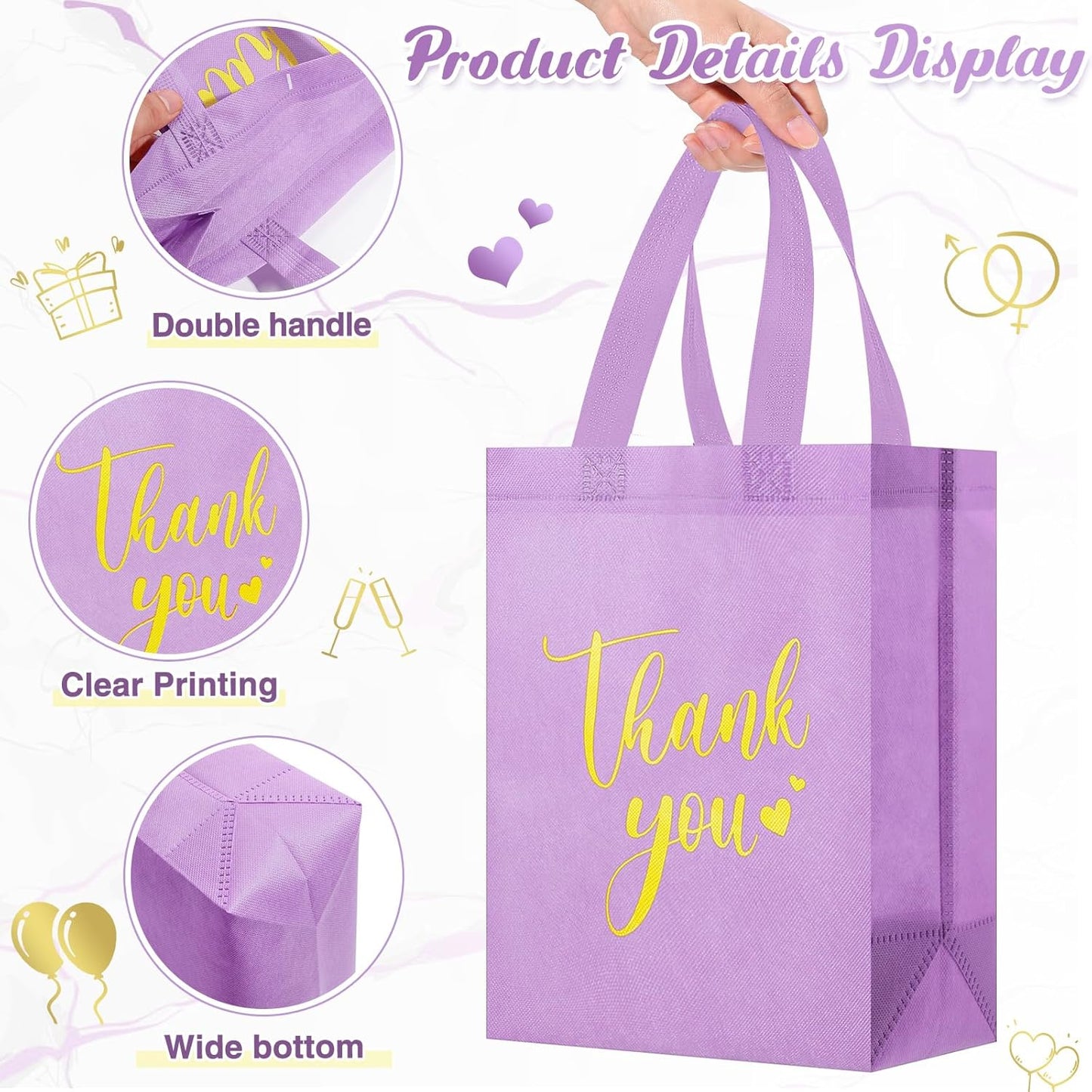 Sweetude 30 Pcs Thank You Gift Bags with Handles Bulk Reusable Goodie Bag Non Woven Foldable Handbag for Graduation Wedding Bridesmaid Gifts(10 x 8 x 4 Inch,Purple)