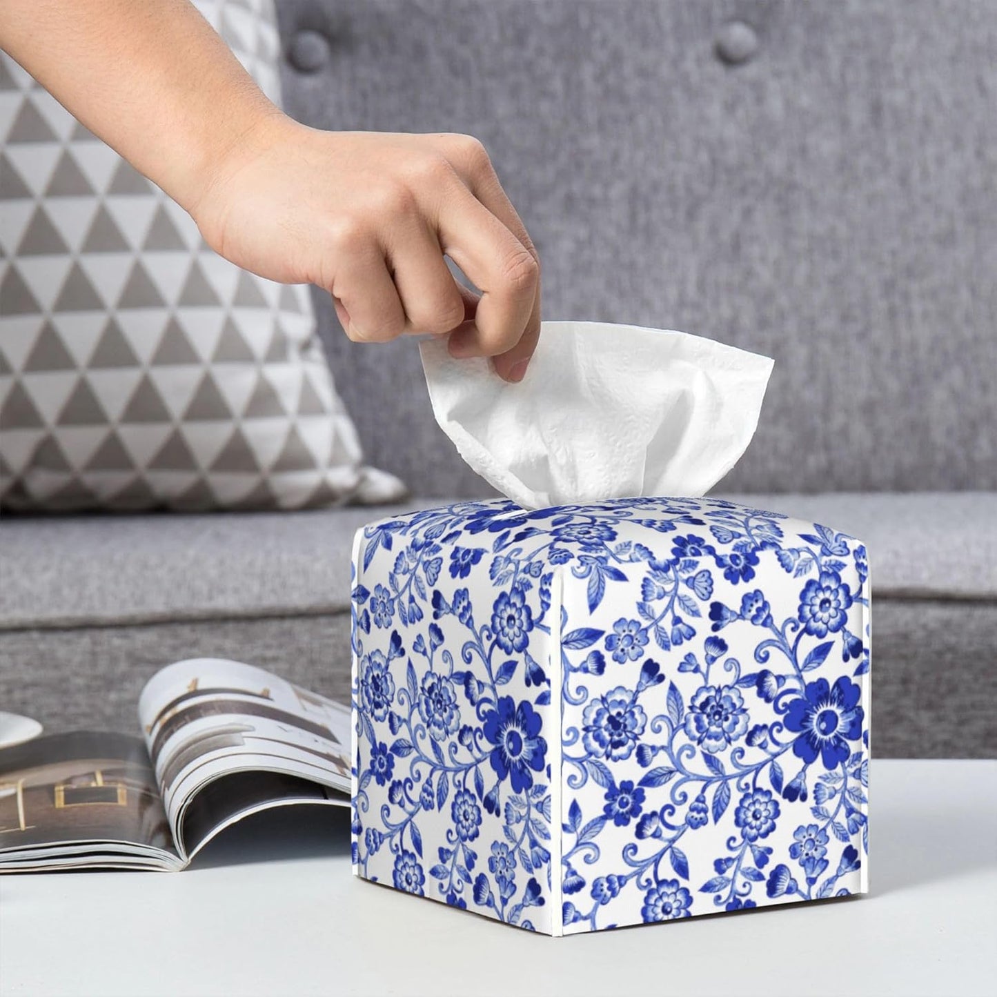 Tissue Box Cover,Blue and White Porcelain Flowers Pu Leather Square Tissue Box Cover Case Decorative Organizer for Bathroom Vanity Countertop Night Stands Office Desk & Car 5.2X5.2X5.2''