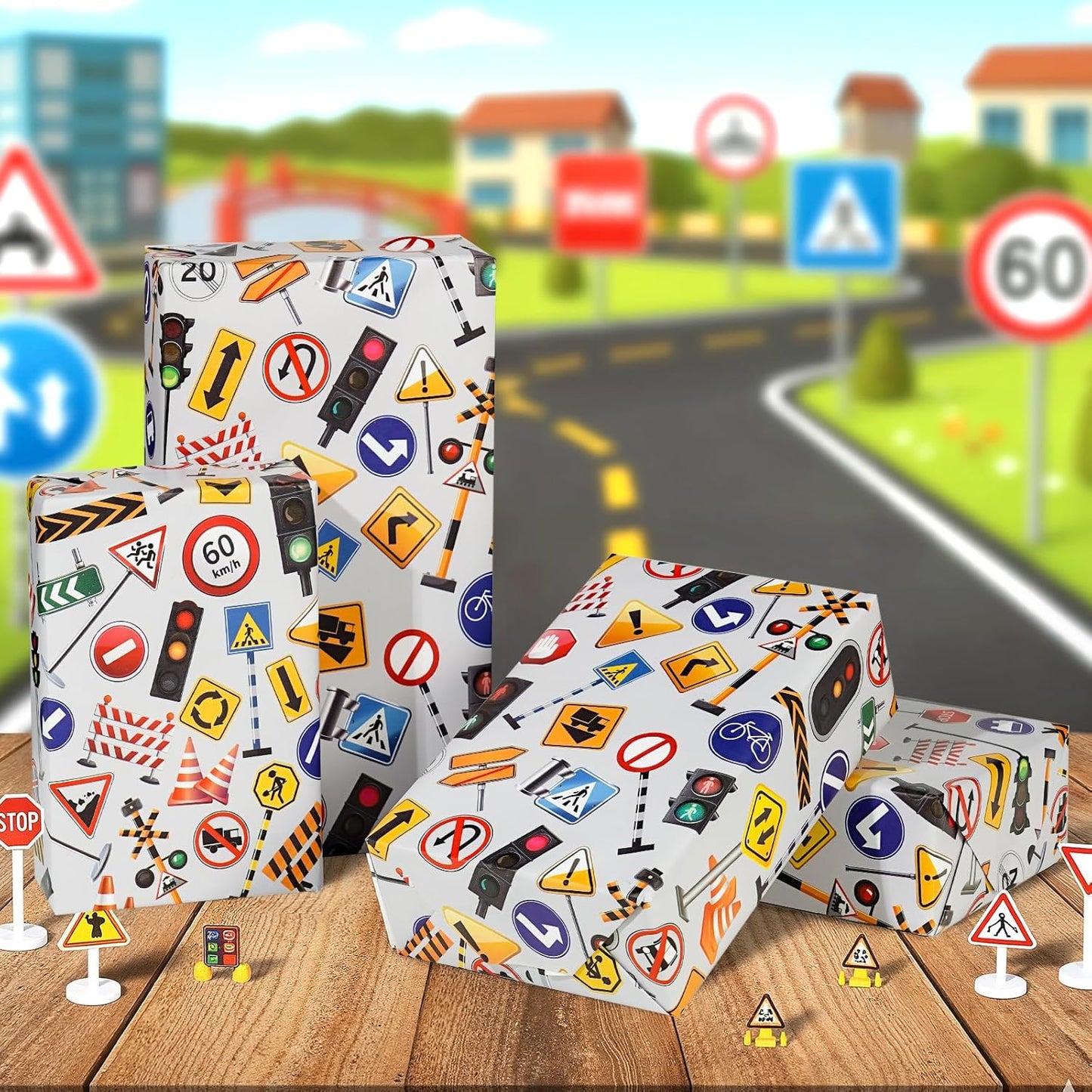 Traffic Sign Wrapping Paper Roll - 17Inch x16.4Feet - Road Street Traffic Lights Sign Theme Gift Wrap for Transportation Parties,Birthday,Celebration