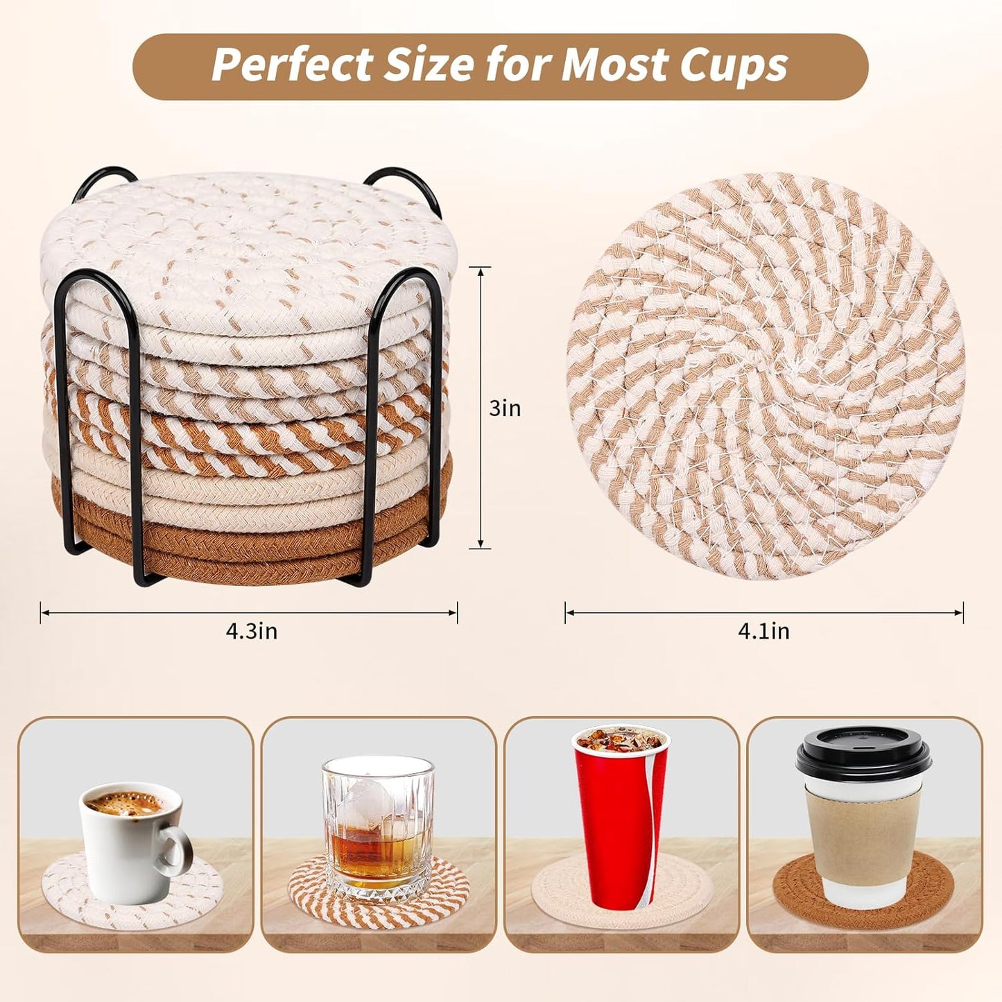 Mckanti 10 Pcs Drink Coasters with Holder, 5 Colors Absorbent Coasters for Drinks, Minimalist Boho Coasters Cotton Woven Coaster Set for Home Decor Tabletop Protection Suitable for Kinds of Cups