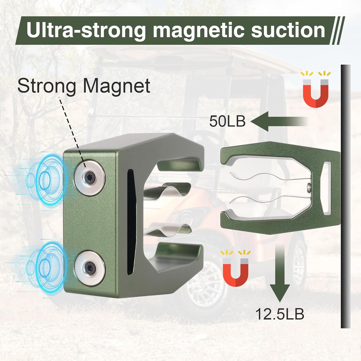 JIAYAN Magnetic Holder for Golf Cart Aluminum Alloy & Stainless Steel Clip Equip with Loop Strap Fit for Golfing, Fishing, Grilling, Camping Golf Accessory for Golf Lovers (Green)