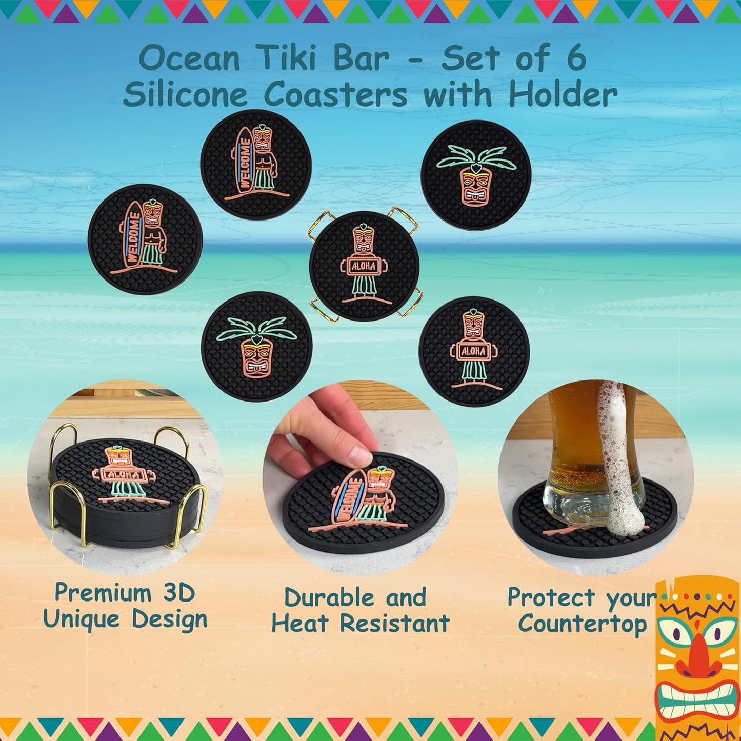 Tiki Bar Warriors Coasters Set of 6 with Holder, Bar Decor Silicone Coasters with Welcome, Aloha and Warrior, Luau and Hawaiian Decor Black Coaster, Outdoor Tiki Rubber Decorations