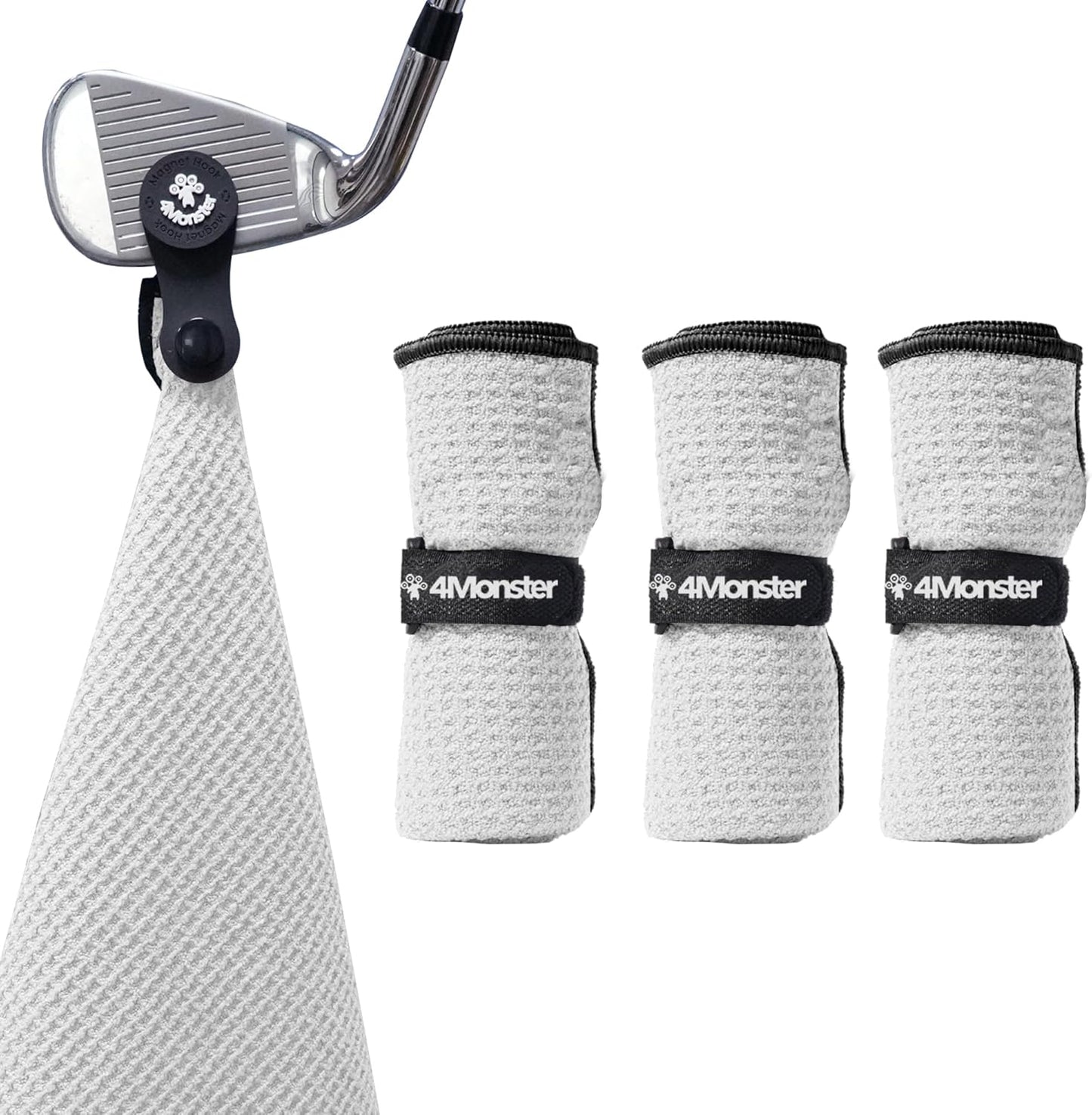 4Monster Golf Towels 3-Pack with Detachable Magnet and Portable Pouch, Quick-Dry Microfiber Golf Towel Set for Golf Bags,Custom Towel Gifts for Men or Women (3, White)