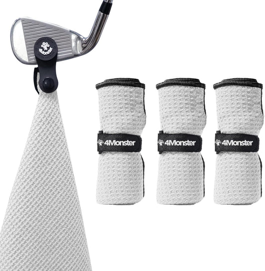 4Monster Golf Towels 3-Pack with Detachable Magnet and Portable Pouch, Quick-Dry Microfiber Golf Towel Set for Golf Bags,Custom Towel Gifts for Men or Women (3, White)