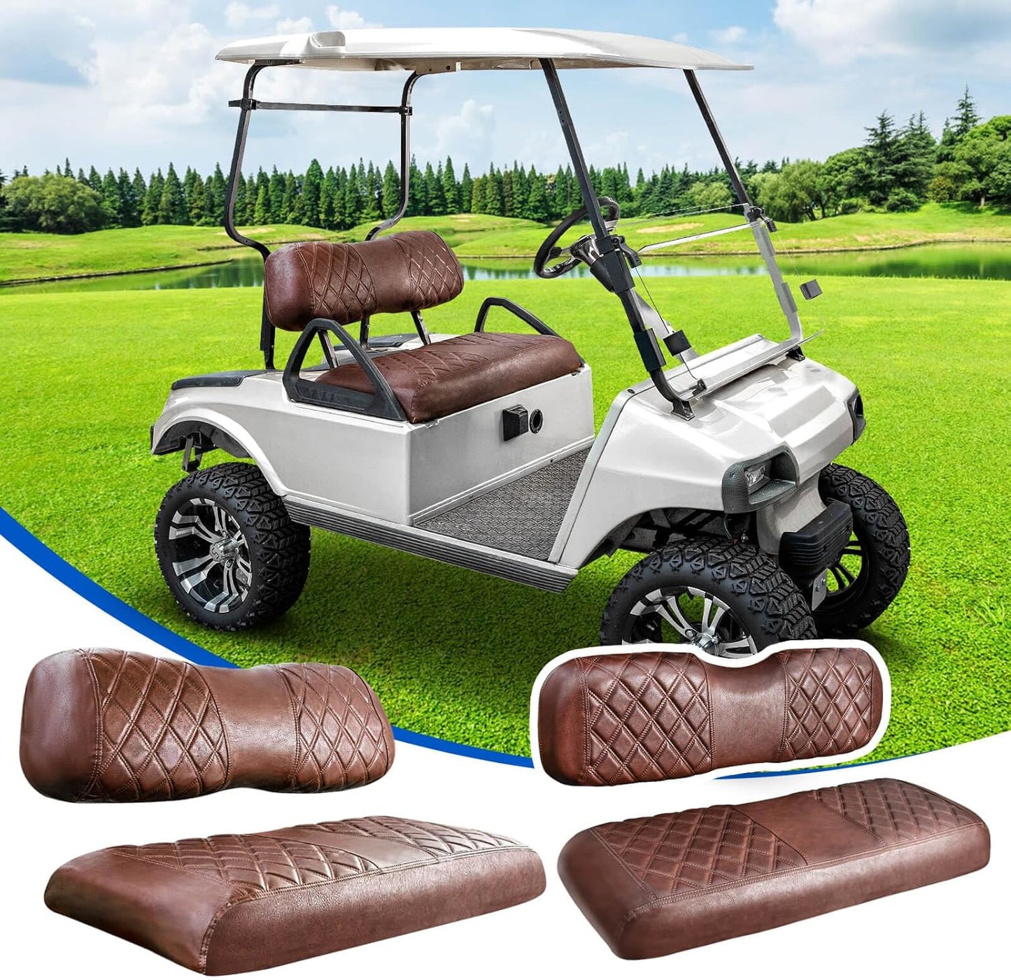 NOKINS 4PCS Golf Cart Diamond Seat Covers Kit, Front and Rear Seat Covers Fits Club Car DS 2000.5-Up Standard Seat Cushion, Club Car DS Vinyl Seat Covers Accessories (Brown Brown 8438)