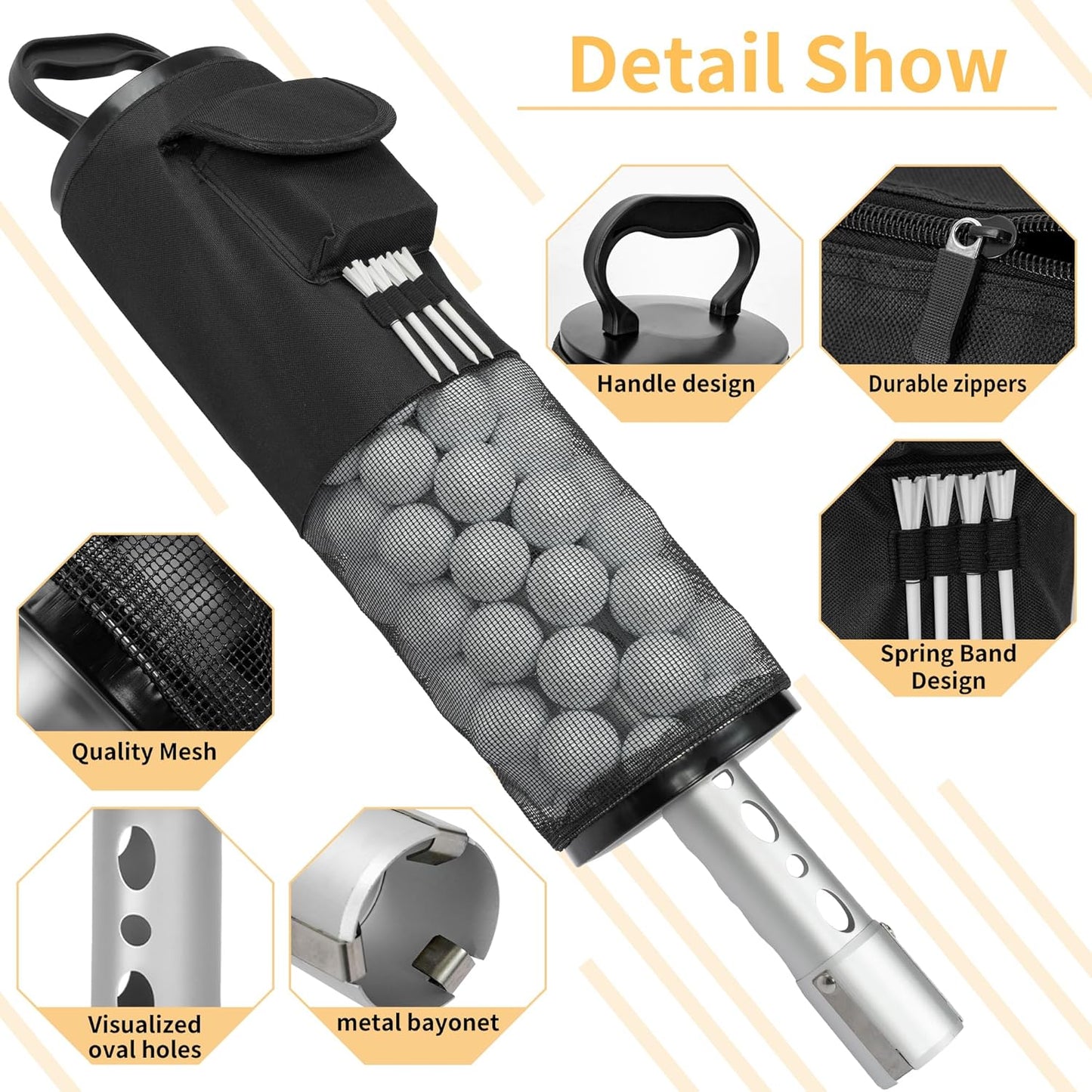 AKOZLIN Golf Ball Retriever Portable Shag Bag Golf Ball Pick Up Collector with Detachable Aluminum Tube Tee Holder, Pocket Shagger Storage