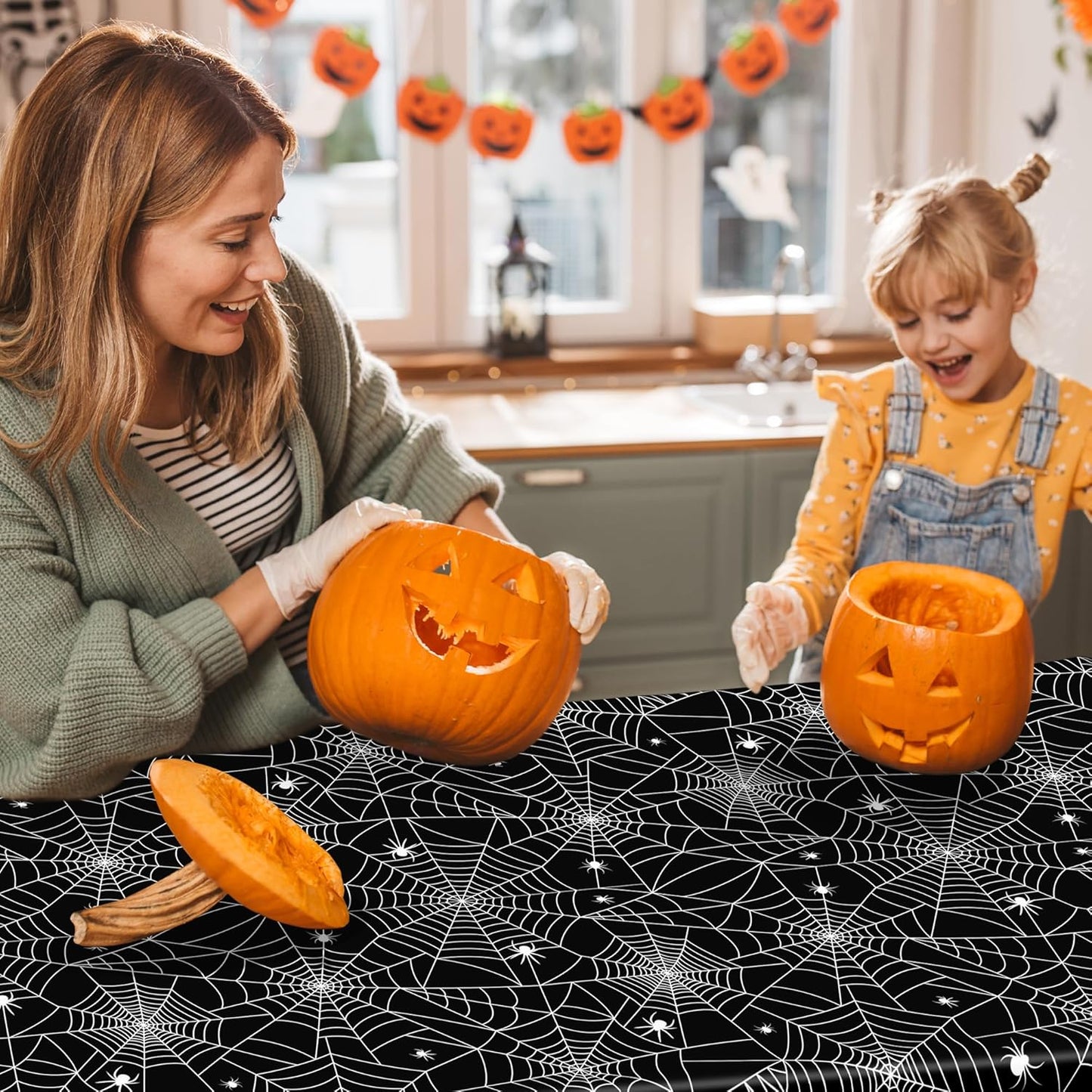 QZYL 6 PCS Spider Web Table Cloth, 54" x 108" Halloween Party Supplies, Black Plastic Tablecloth Disposable Table Cover, Halloween Birthday Party Decorations Decor Dinnerware Home