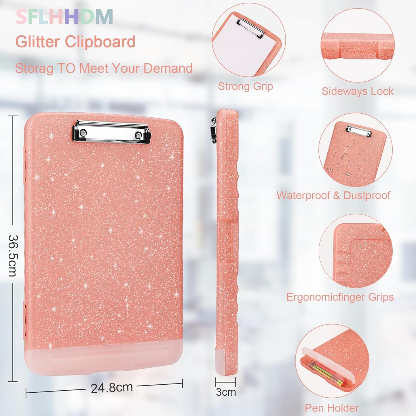 Glitter Clipboard with Storage,Storage Clipboard with Pen Holder,A4 Binder Clip Boards 8.5x11 with Low Profile Clip,Side Opening Sparkle Clipboards, Clipboards Folder for Office Supplies-Pale Pink