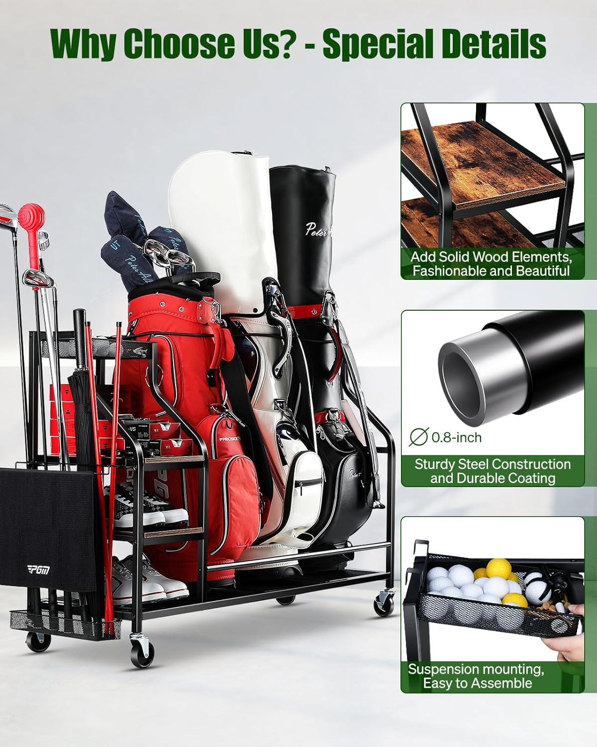 Golf Bags Storage Garage Organizer- Golf Bag Stand for Golf Bags, Clubs, Balls, Golf Equipment Accessories, Golf Bag Storage Rack with Wheels for Garage, Club, Basement