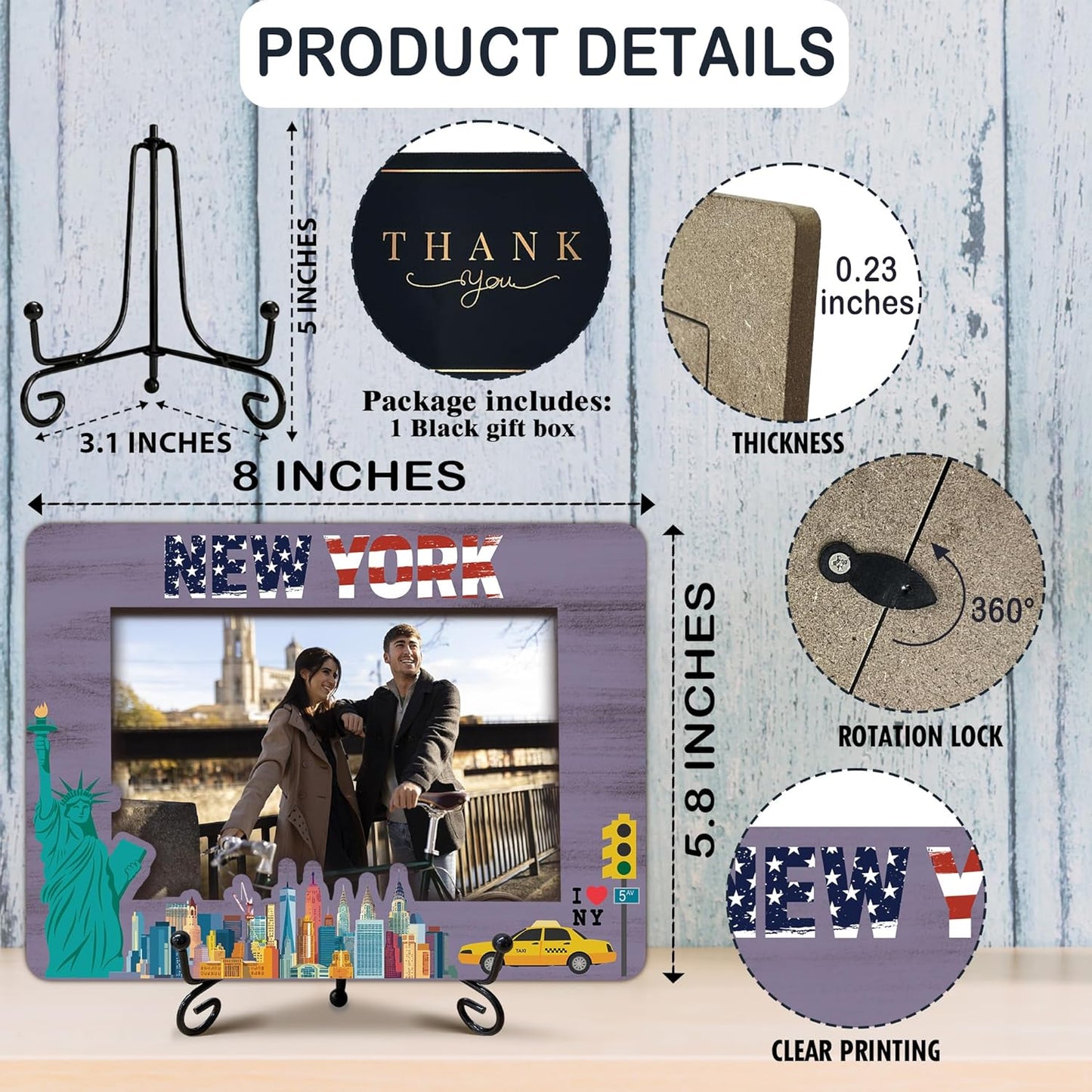 New York Travel Picture Frame, 5 x 8 New York Themed Wooden Photo Frame with Stand, Vacation Anniversary Honeymoon Gifts For Friend Family Couples, Home Office Desk Decorations-A16