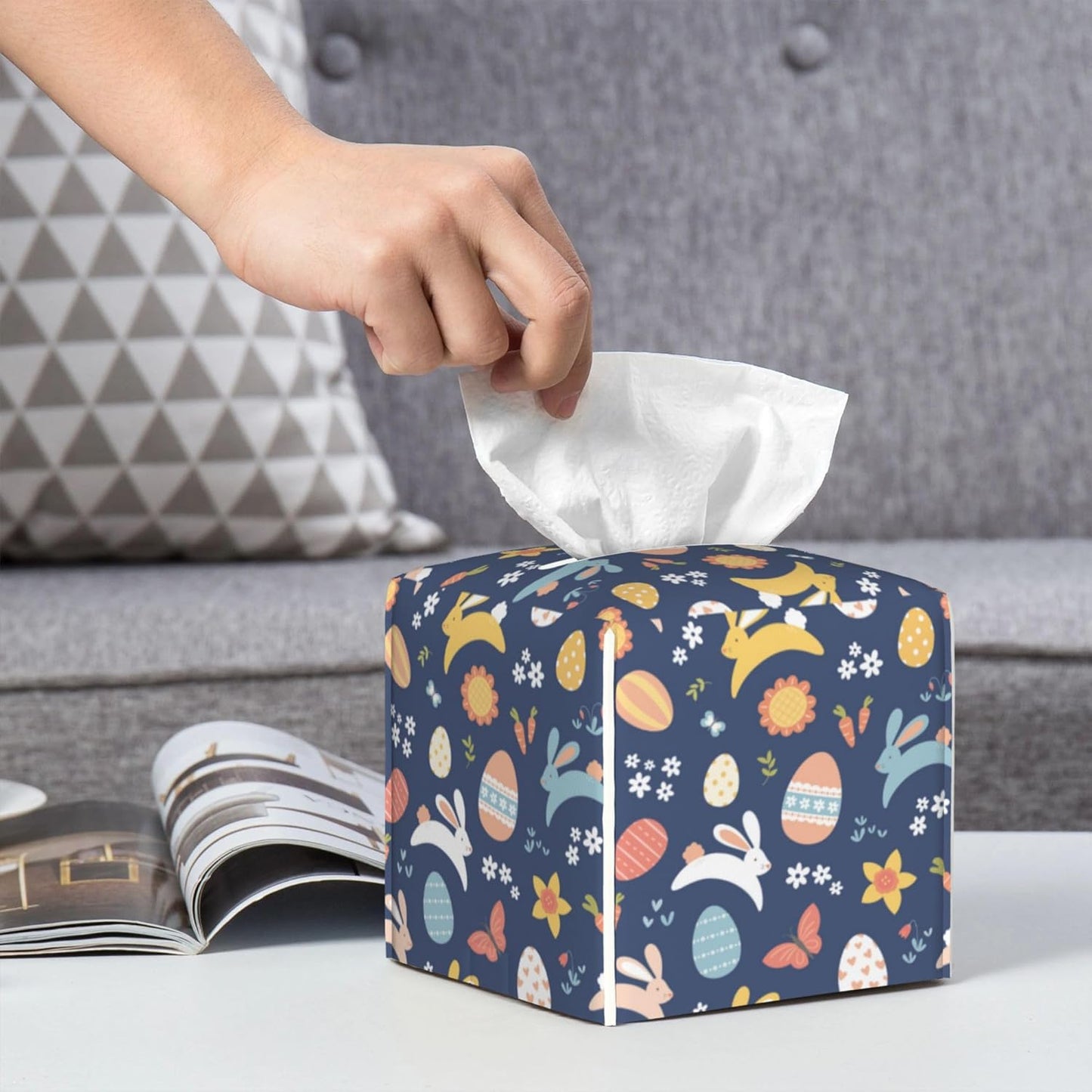 Tissue Box Cover Holder, Colorful Easter Bunnies Eggs and Flowers PU Leather Square Tissue Box Cover Decorative Organizer for Bathroom Kitchen Bedroom Vanity Countertop Night Stands