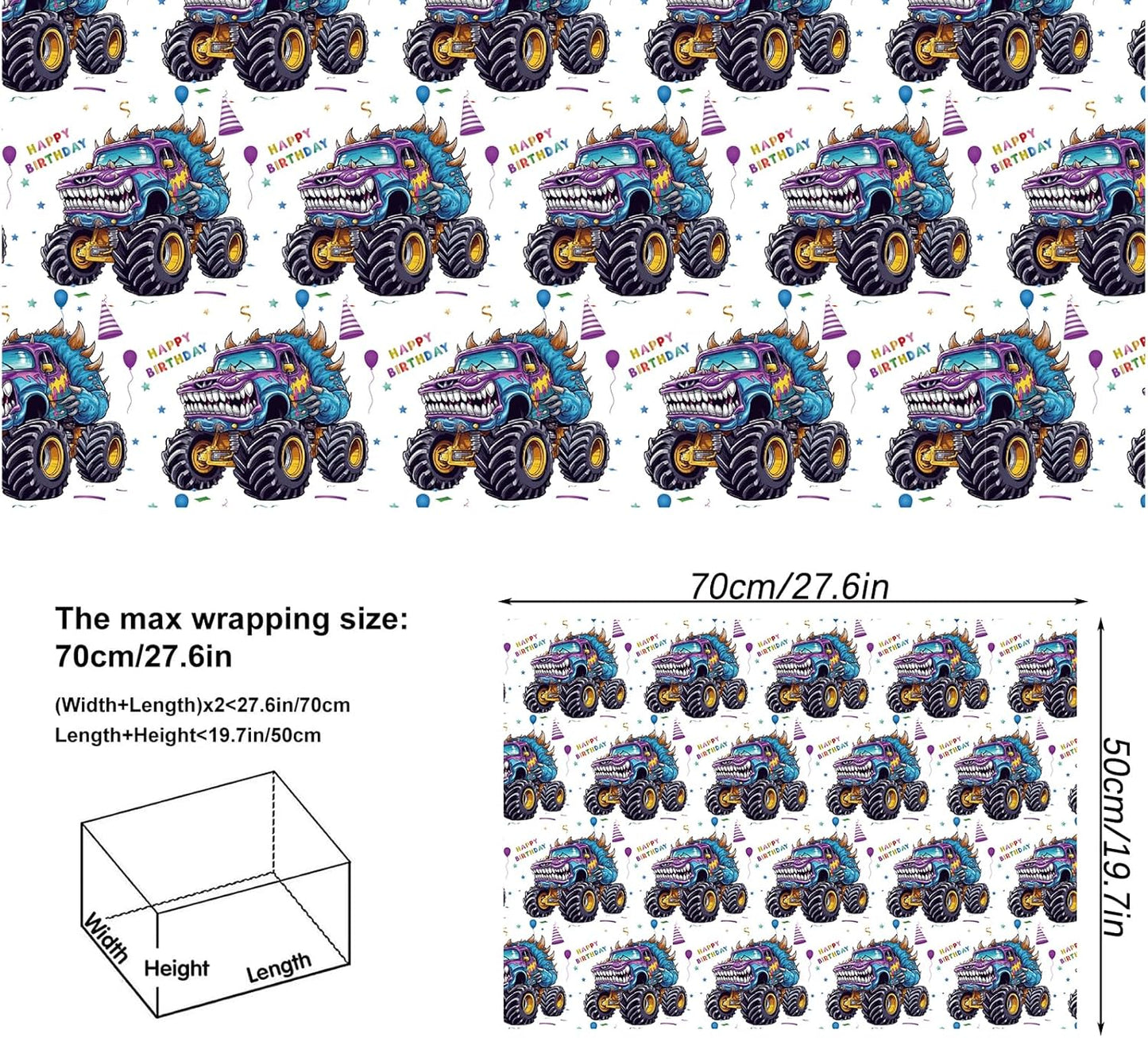 Vnaaem Monster Truck Birthday Wrapping Paper 8 Pc Happy Birthday Gift Wrap Racing Car Art Paper Folded Flat for Boys Kids Baby Shower Holiday 19.6 X27.8Inch