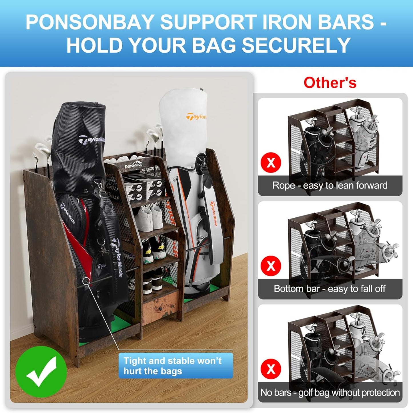 Golf Bag Storage Organizer for Garage, Premium Wooden 2 Golf Bags Rack with Drawer, Easy Assemble Golf Club Stand/Holder Suitable for Garage Home Simulator and Office