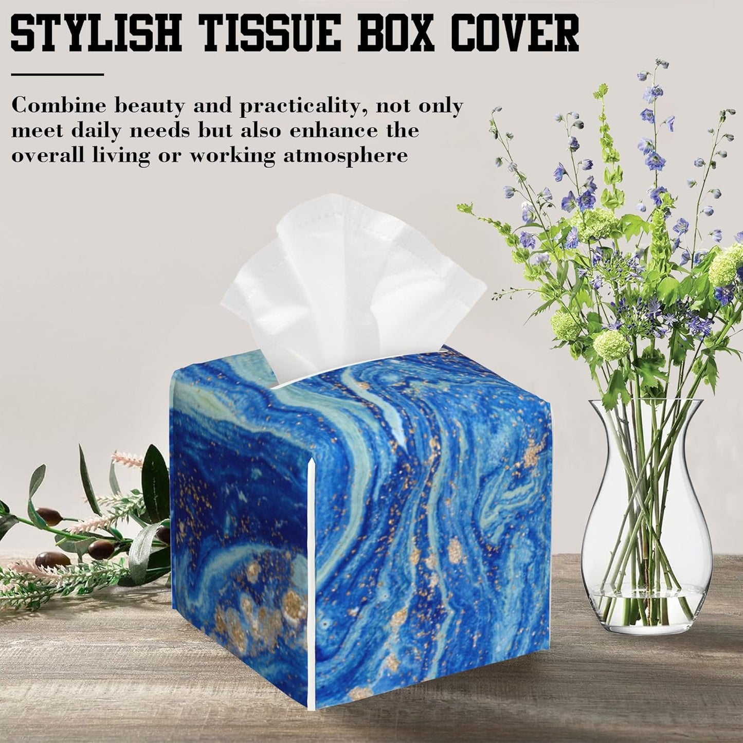 Blue and Gold Liquid Marble Tissue Box Cover Square, Tissue Box Holder Leather Facial Paper Case Decorative Organizer Holder Dispenser Home Office Car Decor