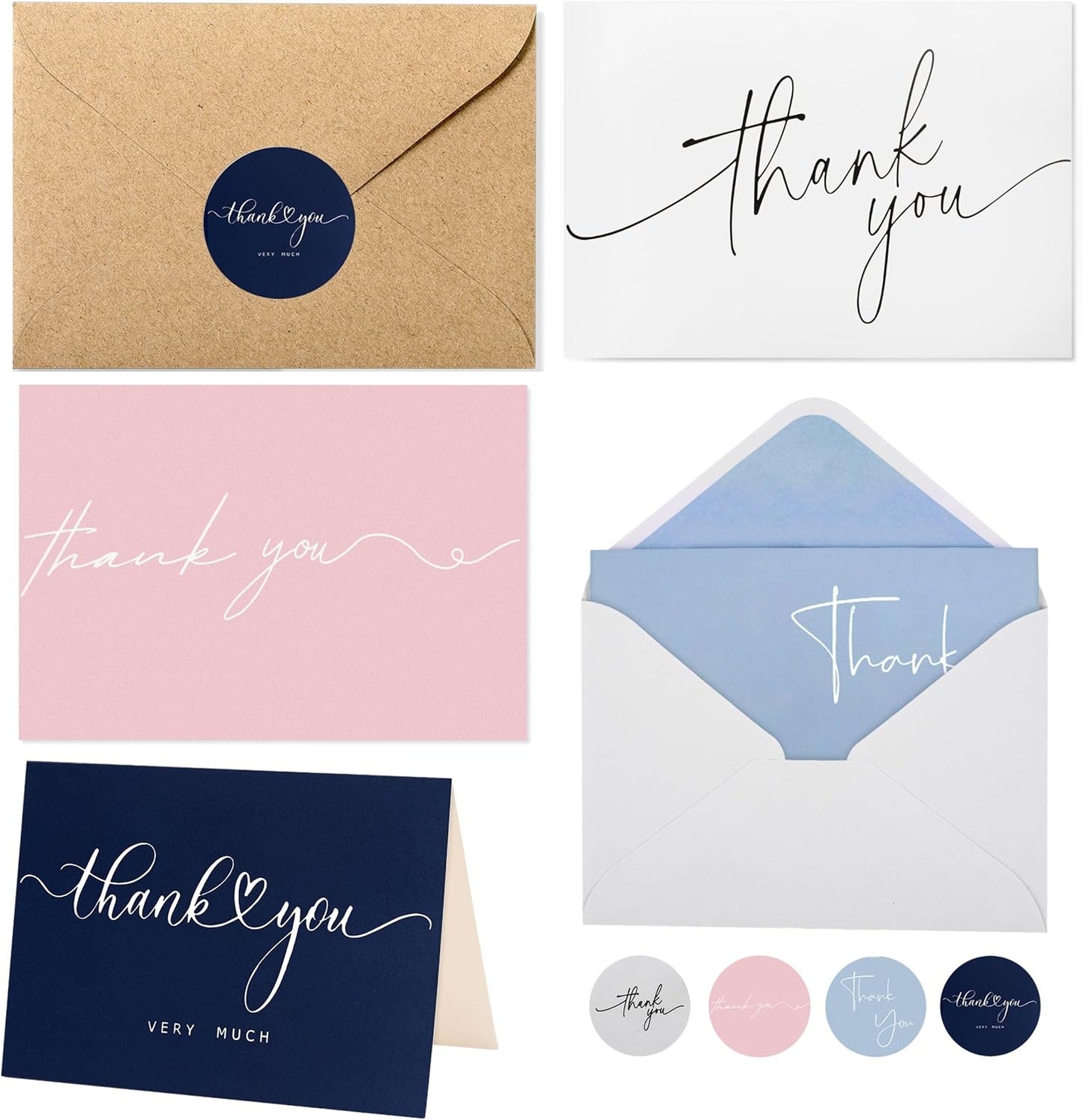 100 Multicolored Thank You Cards with Kraft Envelopes and Stickers - 4 Modern Designs for Wedding, Graduation, Business, Baby Shower