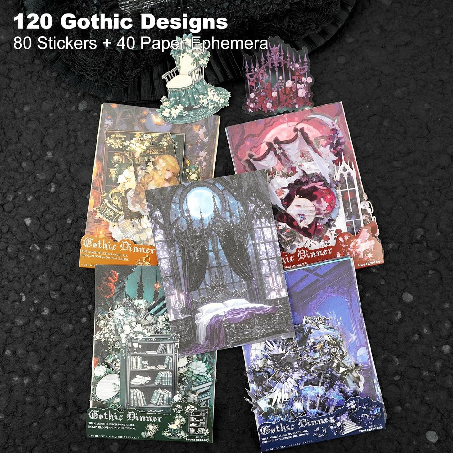 Gothic Banquet Scrapbook Stickers Pack - 120 Gothic Ephemera Designs for Journal, PET/Cardstock/Lightweight Paper, Aesthetic Dark Academia Decor
