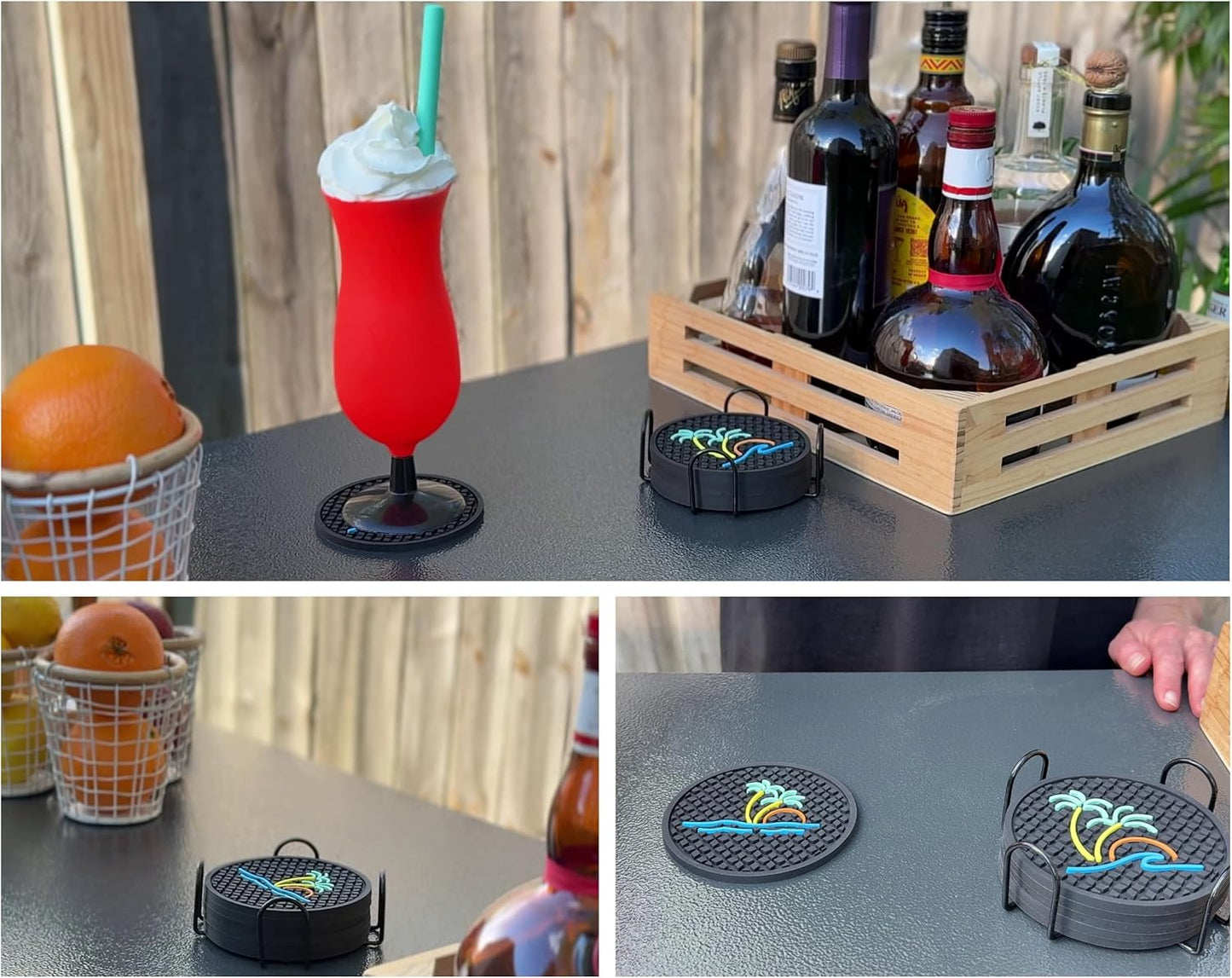 Tiki Bar Ocean Beach Coasters Set of 6 with Holder, Tiki Bar Decor Silicone Nautical Coasters, Hawaiian and Luau Decorations, Beach Theme Coastal Decor, Tropical Chill and Surf Waves Styles